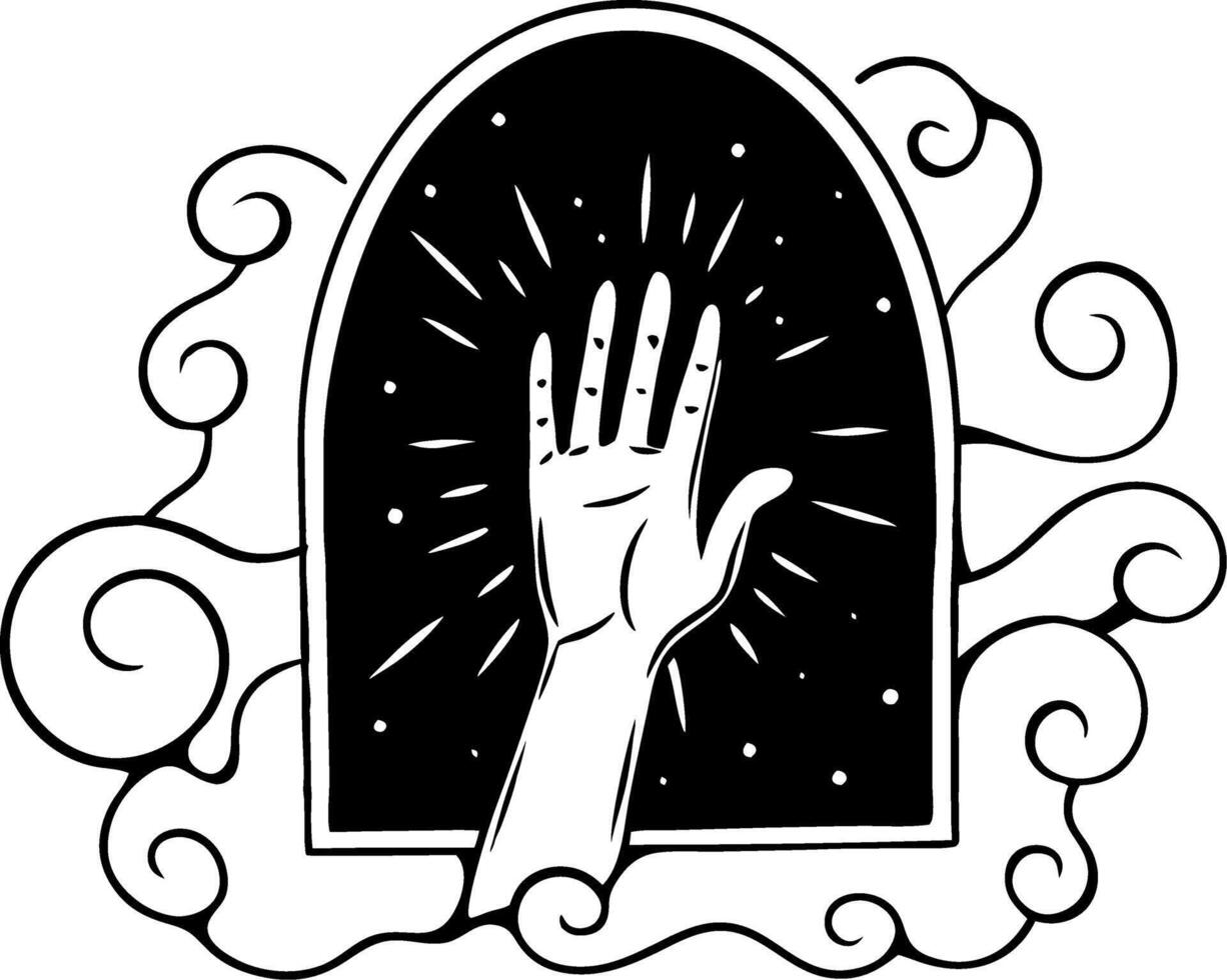 Mystical Hand Reaching Through Magical Portal with Cloud Swirls Illustration vector