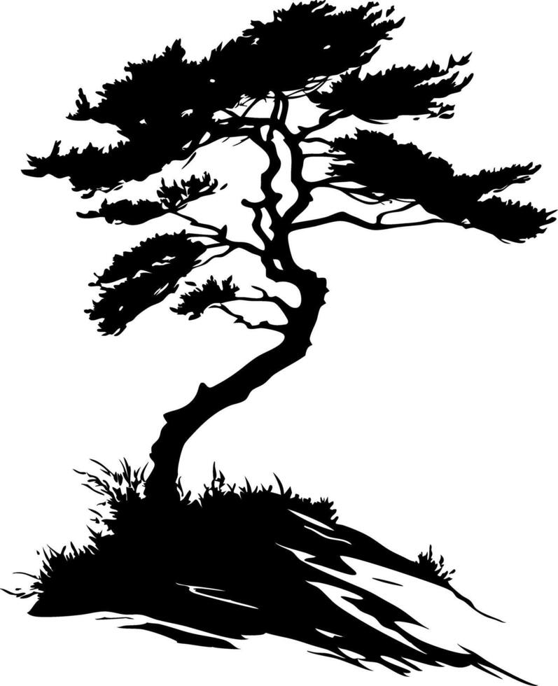 Silhouette of Windswept Pine Tree on Rocky Hill for Tattoo or Nature Art vector