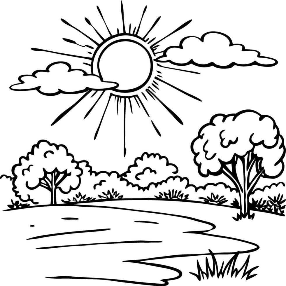 Sunlit Countryside Landscape with Trees and Clouds Line Art vector