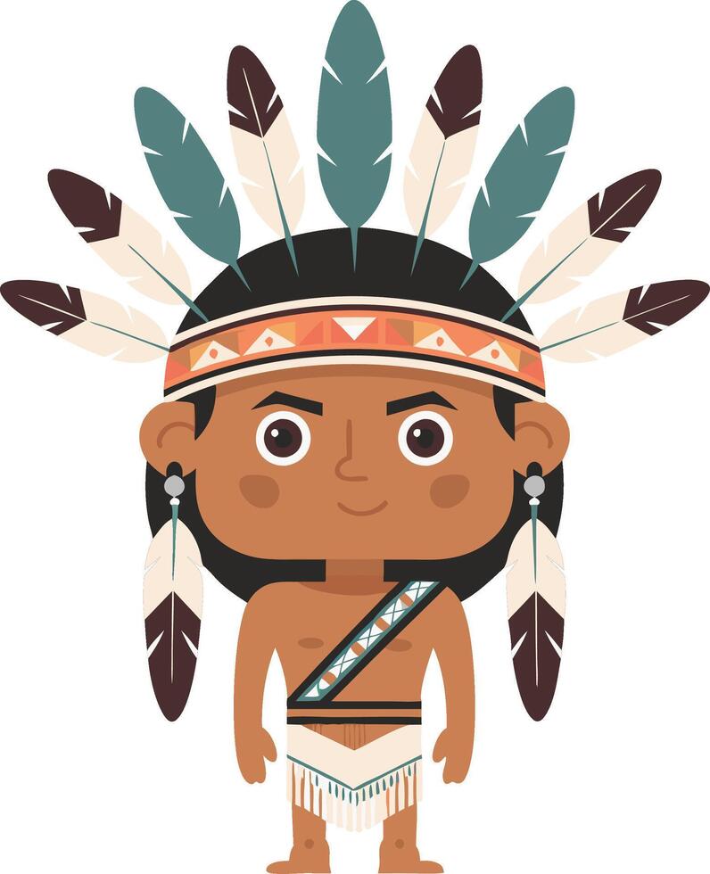 Native American Warrior Cartoon with Feather Headdress Traditional Cultural Illustration vector