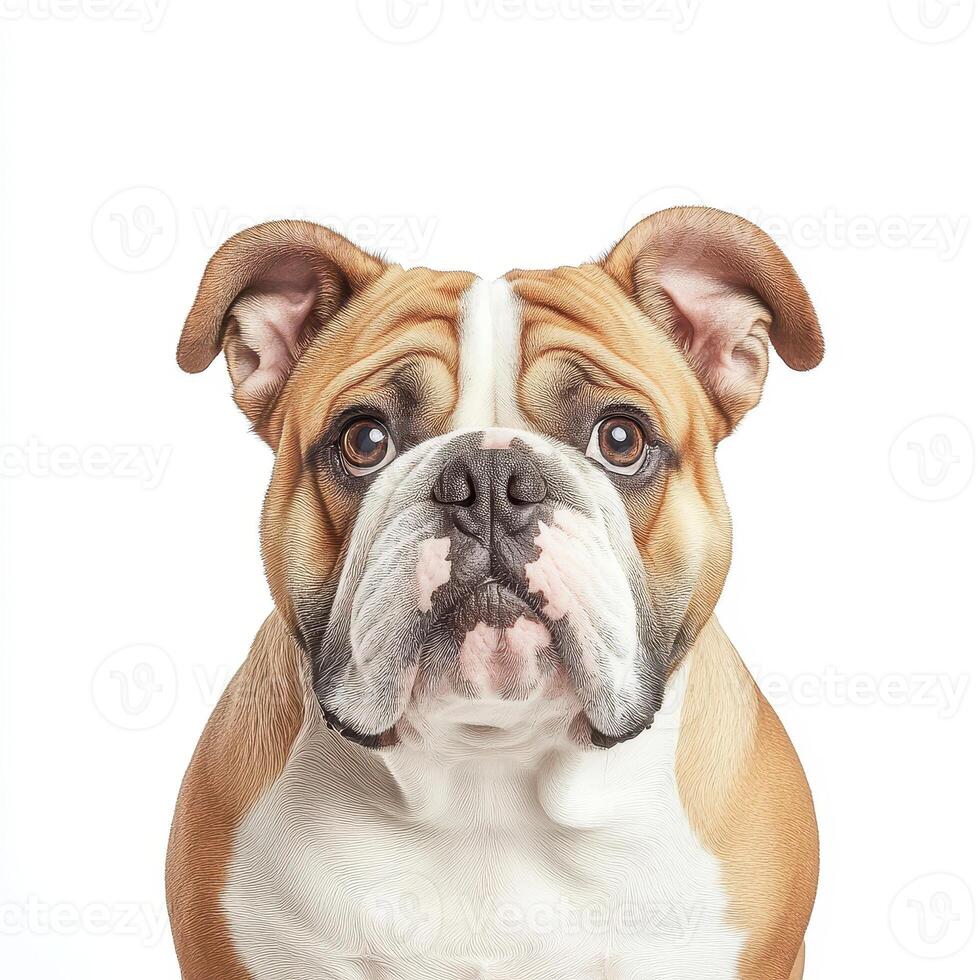 Bulldog with wrinkled face and expressive eyes, showcasing medium breed features and sharp details. This portrait captures dog unique personality and charm photo