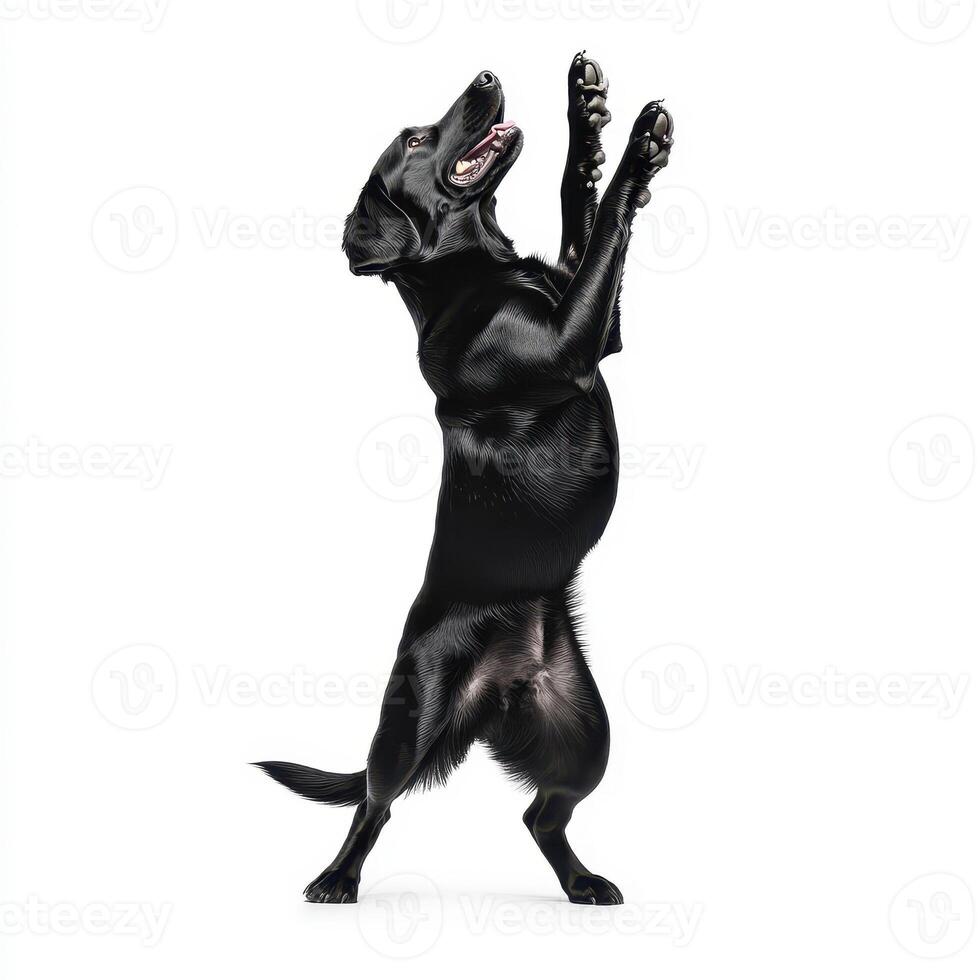 playful black Labrador retriever standing on its hind legs, showcasing its energetic personality and joyful demeanor. This popular family dog is known for its friendly nature and loyalty photo