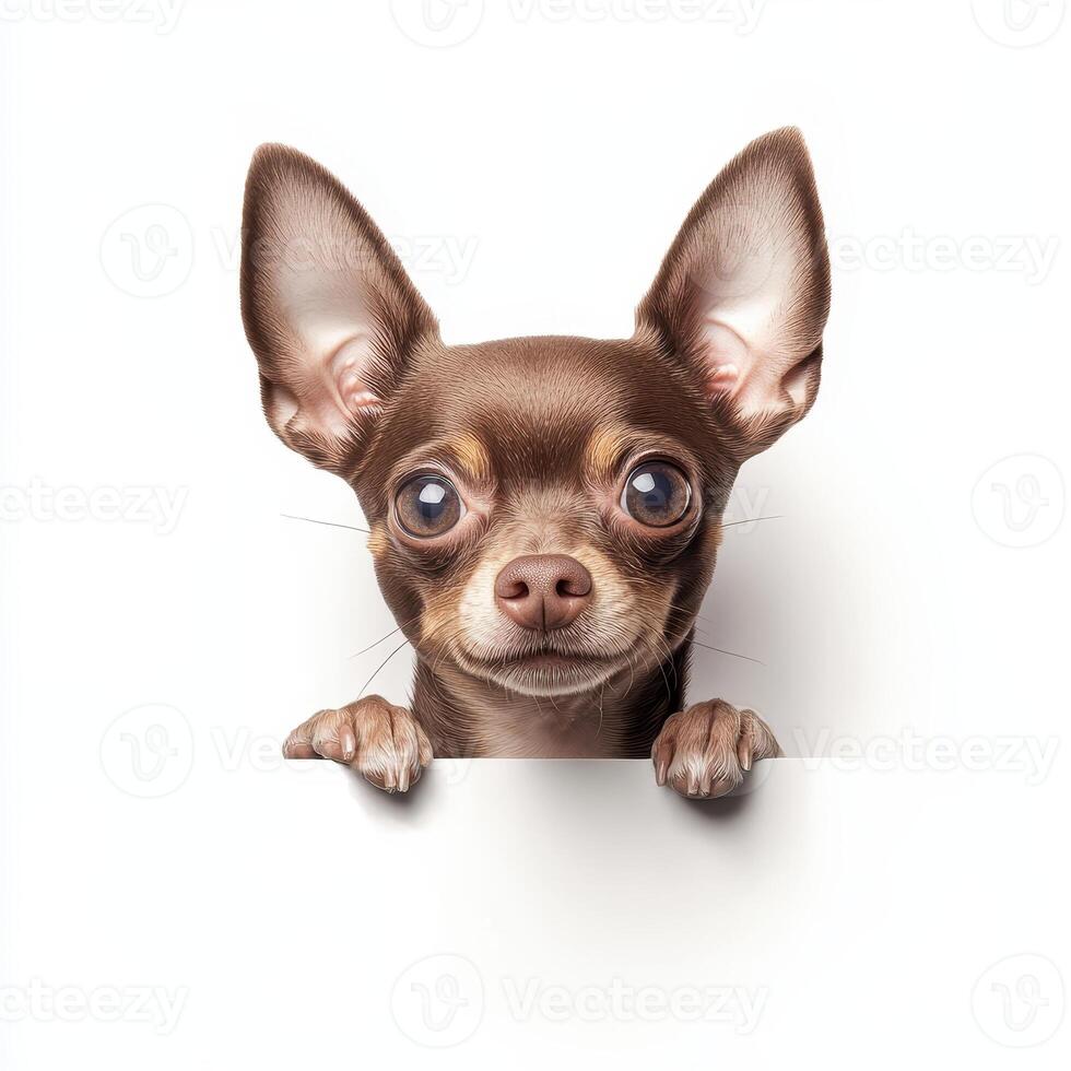tiny Chihuahua with smooth coat peeks over white surface, showcasing its large expressive eyes and perky ears. This lifelike image captures dog curious and playful nature photo