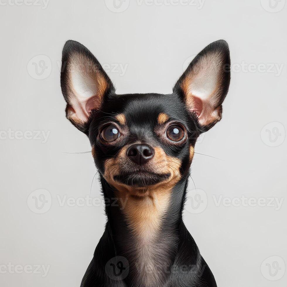 lifelike photo of Chihuahua, tiny breed with smooth coat, showcasing its expressive eyes and large ears. This charming dog exudes playful and curious demeanor