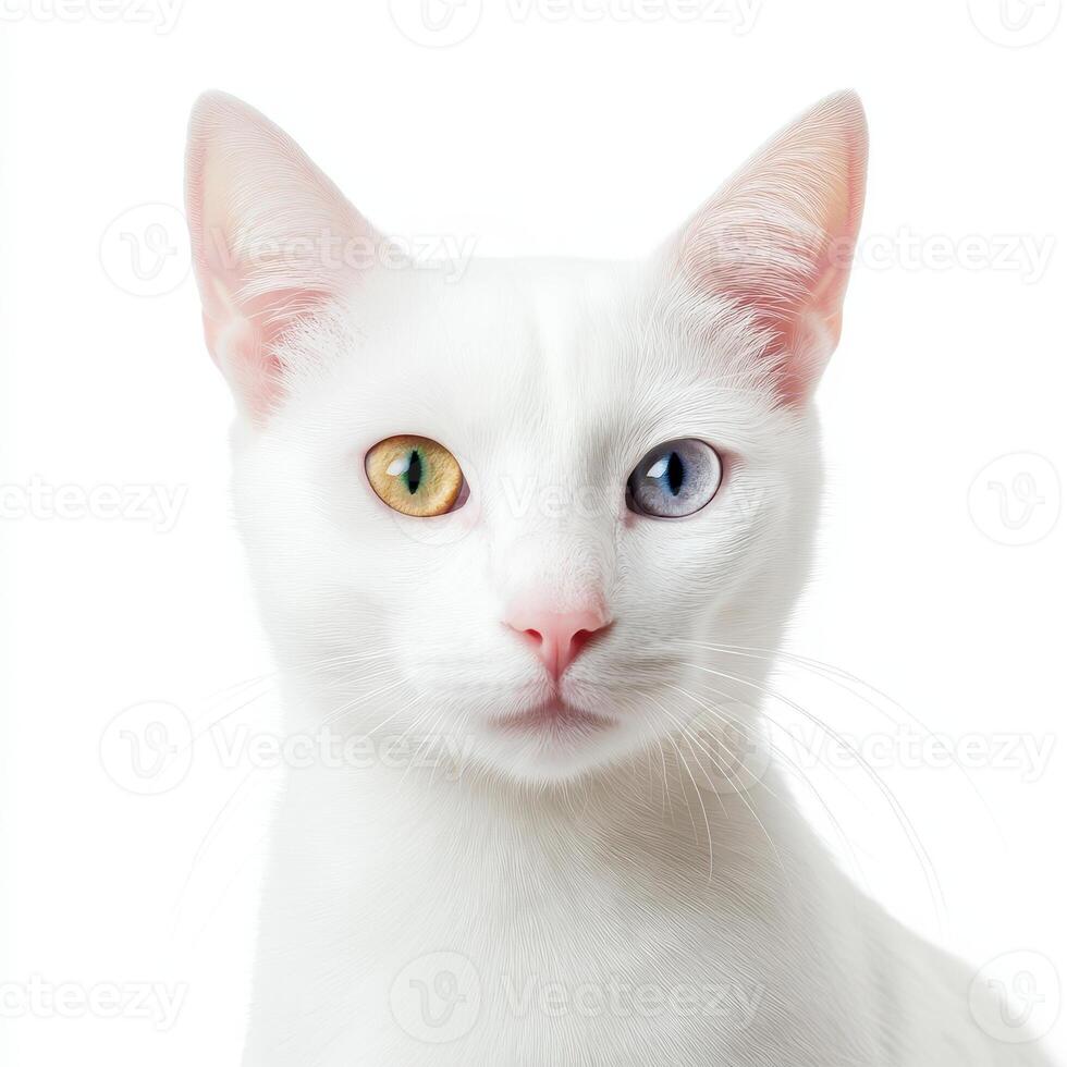 striking white cat with unique heterochromia, featuring one green eye and one blue eye, exuding calm and curious demeanor photo