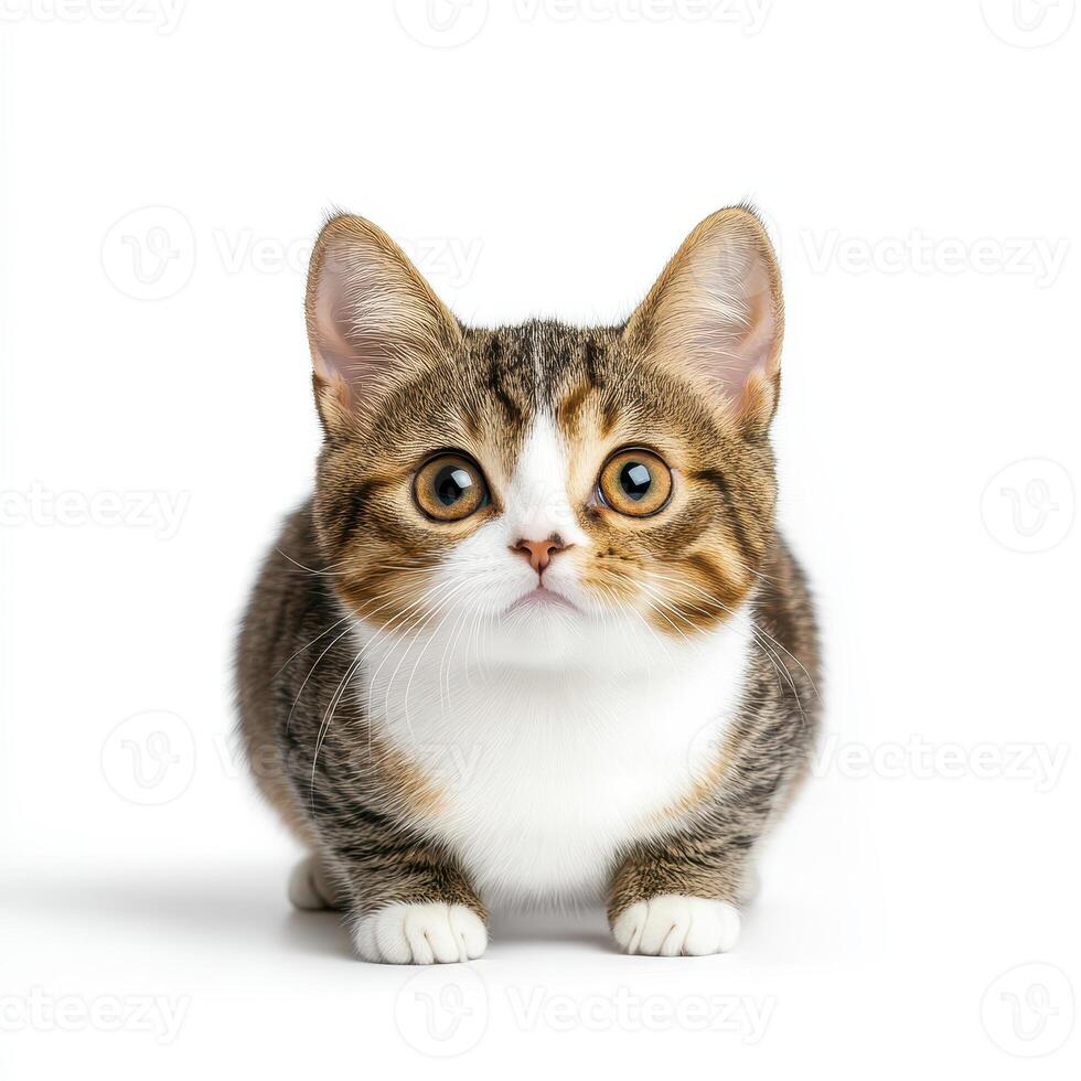 cute Munchkin cat with short legs and big eyes, showcasing its playful nature against white background. This adorable feline is sure to bring joy to any cat lover photo