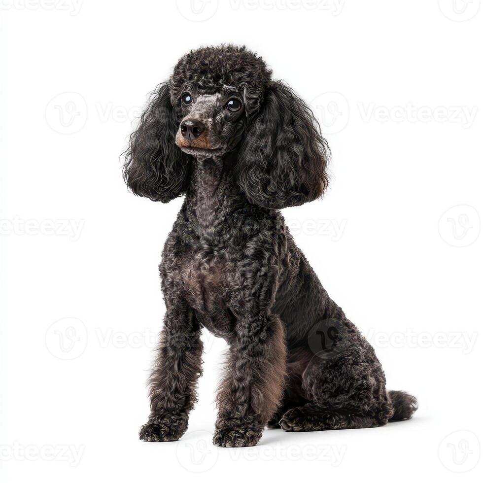Standard poodle with curly black fur, sitting gracefully against white background, showcasing its elegant posture and expressive eyes photo