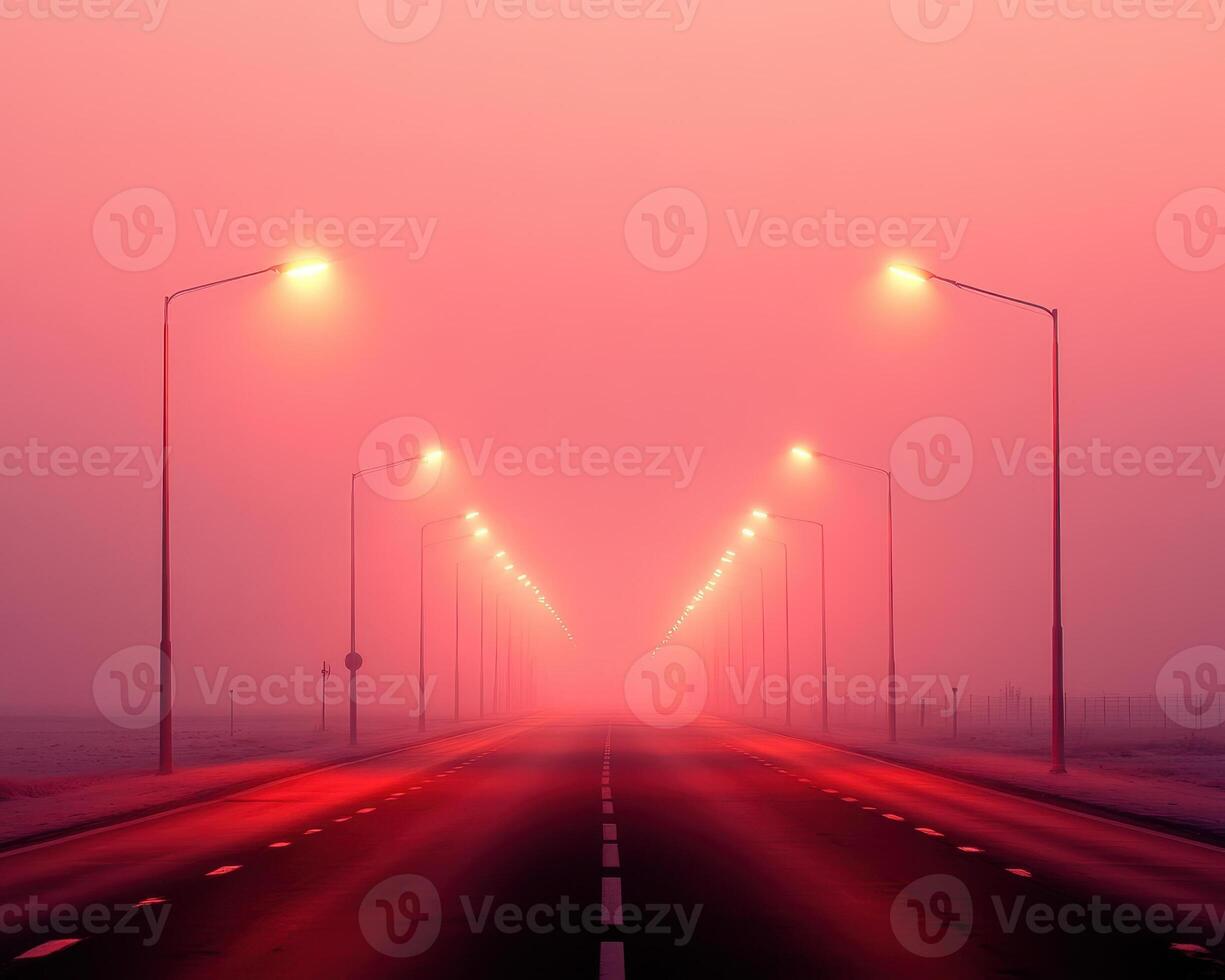 long road illuminated by glowing streetlights in foggy atmosphere creates mysterious and serene scene. soft pink hues enhance tranquil mood of landscape photo