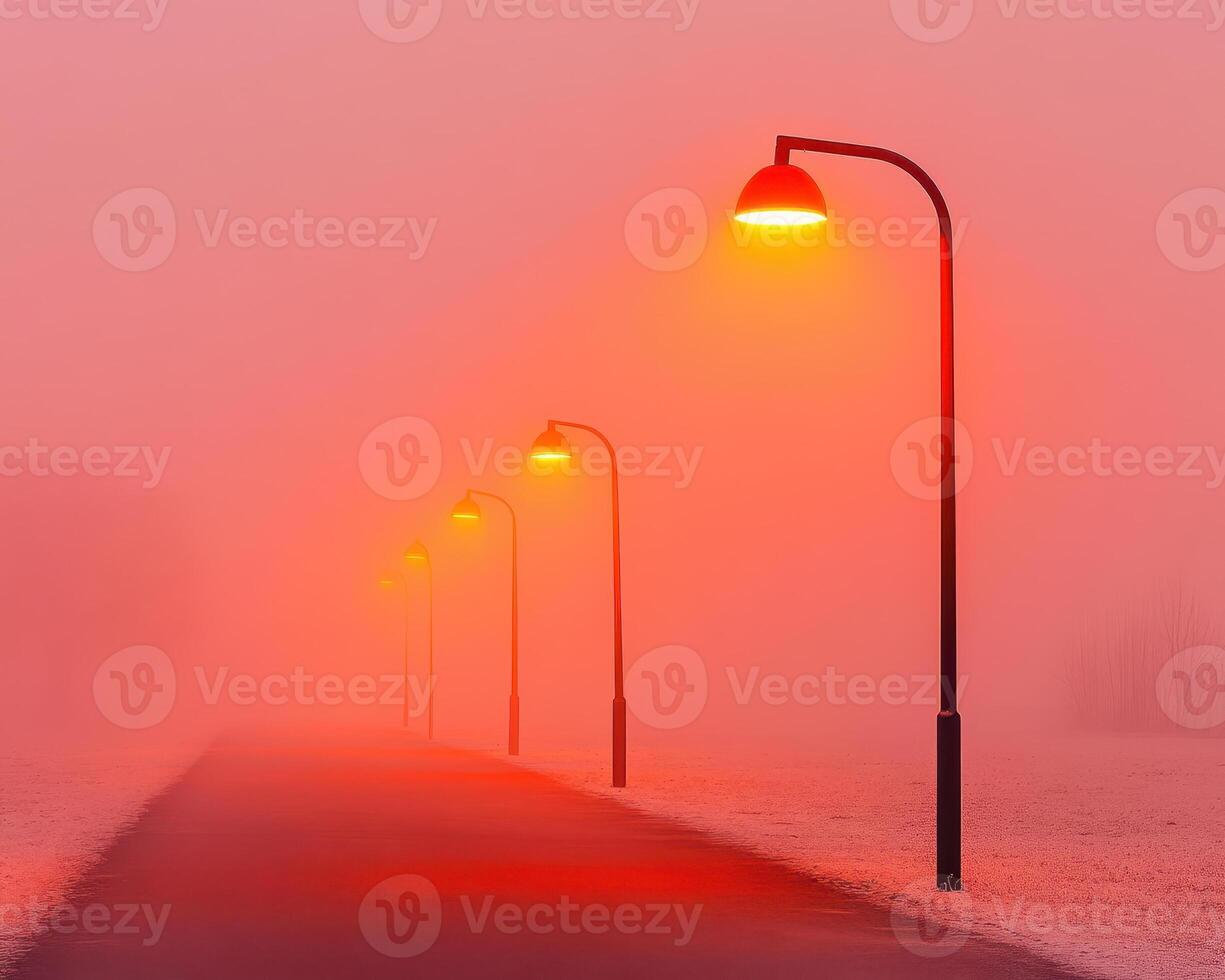 Streetlights glowing warmly through fog on quiet path, creating serene atmosphere. soft orange light contrasts beautifully with misty surroundings photo