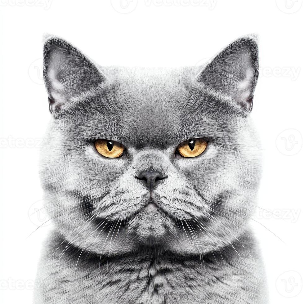 British Shorthair cat with round face and striking golden eyes, showcasing its unique features and expression. This sharp image highlights breed distinct characteristics and charm photo