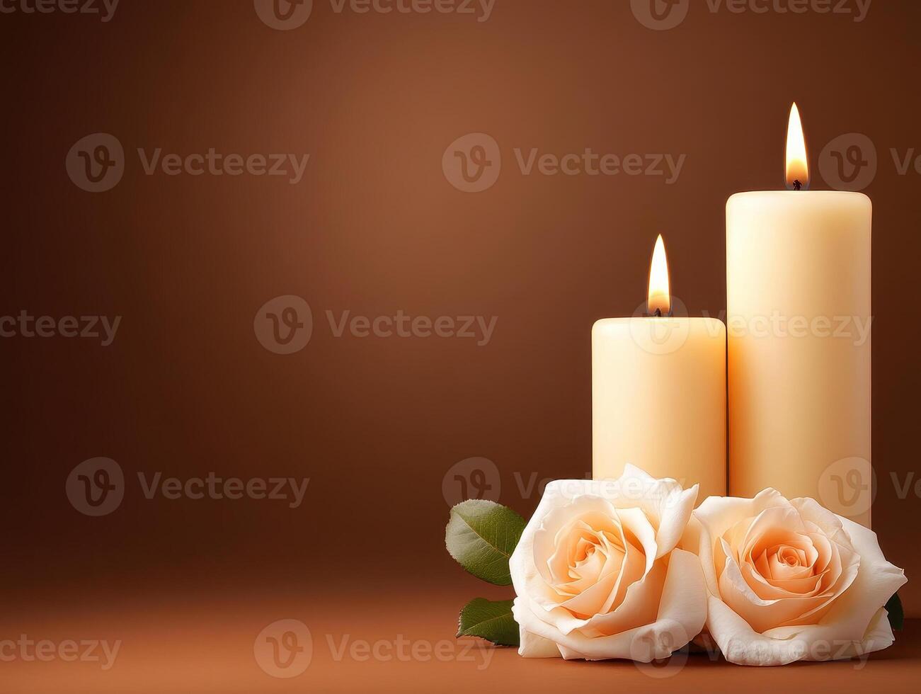 Elegant spa decor featuring glowing candles and soft roses creates serene atmosphere. warm tones enhance relaxation and tranquility, perfect for calming space photo