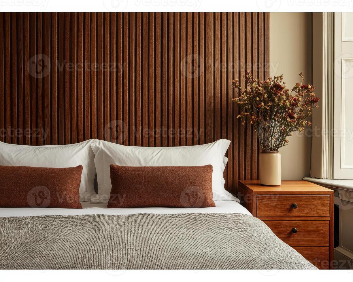 Luxurious hotel style bedroom featuring wooden accent wall, cozy bedding, and stylish decor. warm tones create sophisticated and inviting atmosphere photo