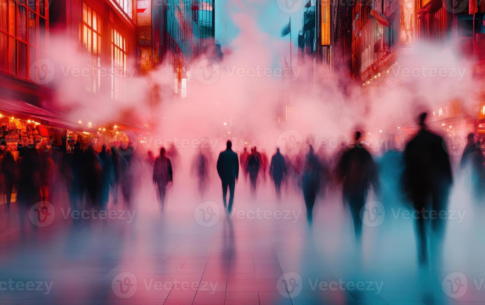 vibrant urban scene with people walking through fog, creating mysterious atmosphere. colorful lights and mist enhance lively city vibe photo