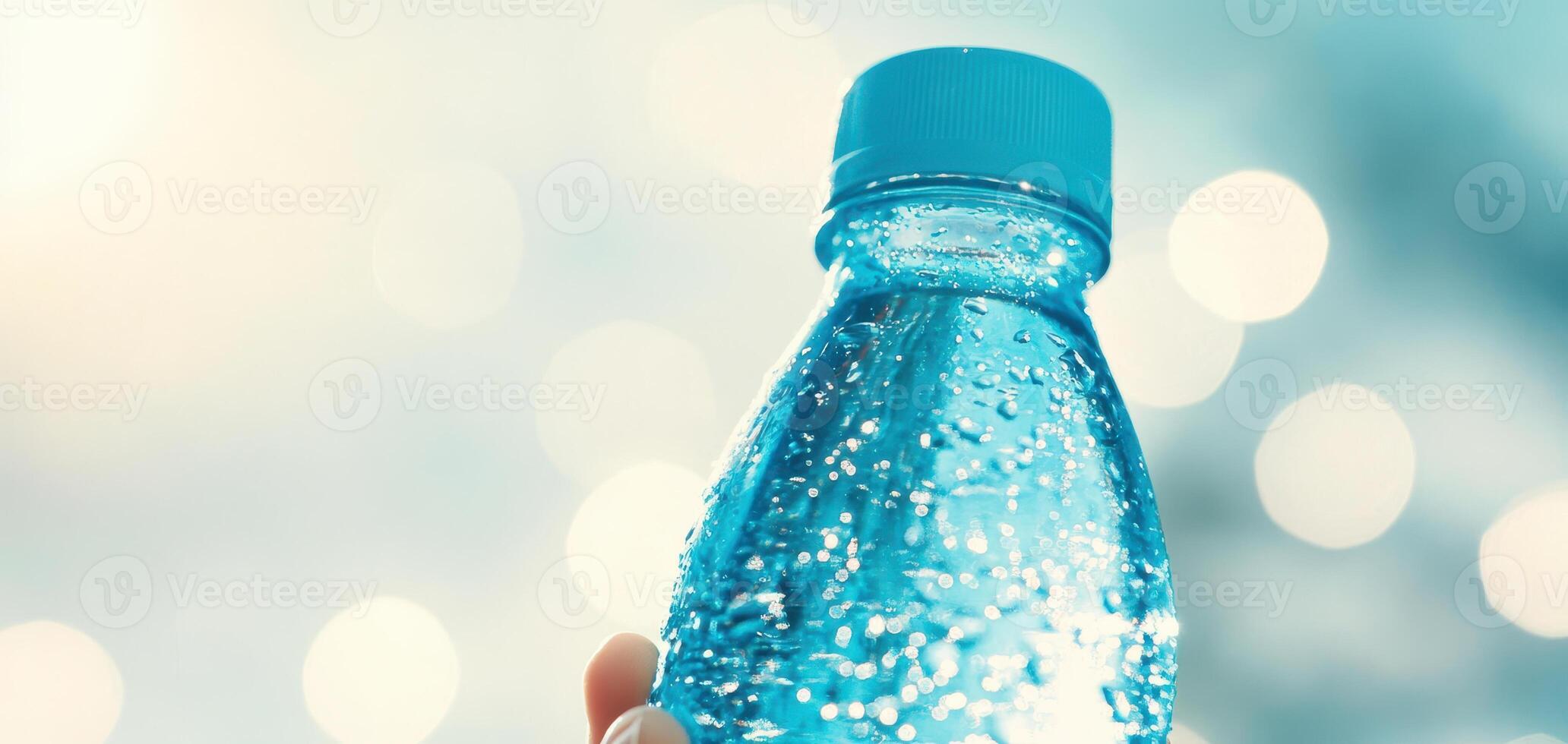 Close up of clear water bottle with droplets, held against blurred background. refreshing look evokes sense of hydration and vitality photo