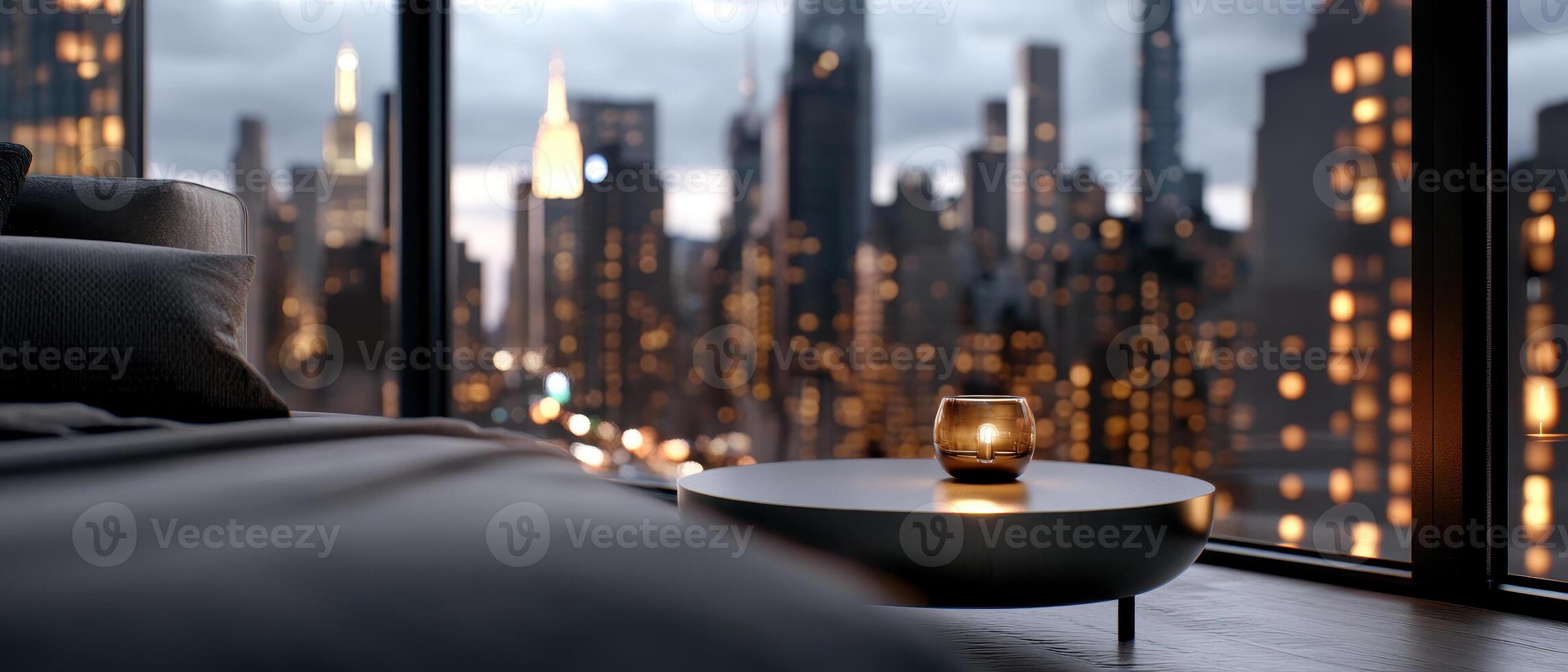 luxurious penthouse bedroom with panoramic city view at night, featuring cozy bed and stylish coffee table with candle. city skyline is illuminated, creating serene atmosphere photo