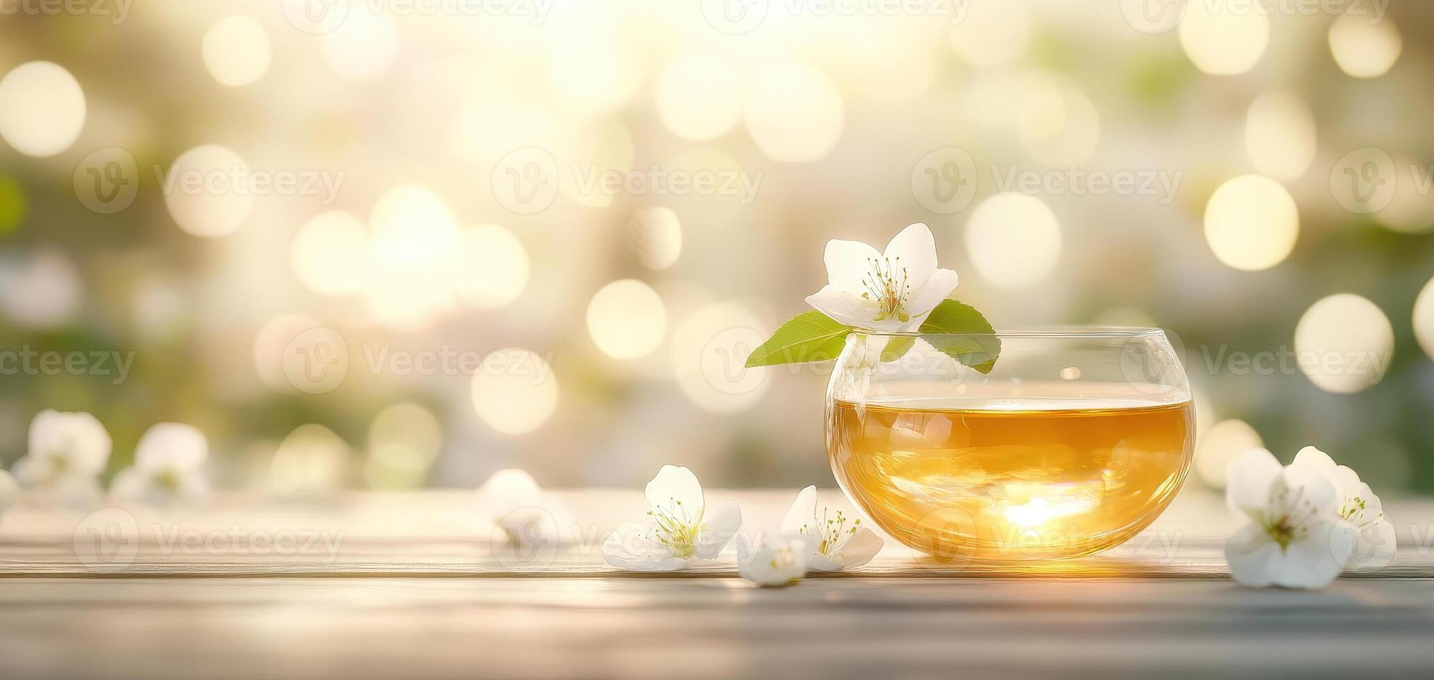 high end herbal tea in golden cup, surrounded by delicate flowers, creates serene and inviting atmosphere. soft bokeh background enhances tranquil mood photo