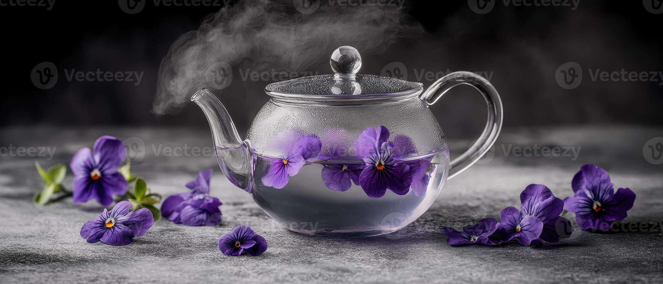 vibrant glass teapot filled with water and violet flowers, creating serene atmosphere. steam rising adds touch of warmth and tranquility to scene photo