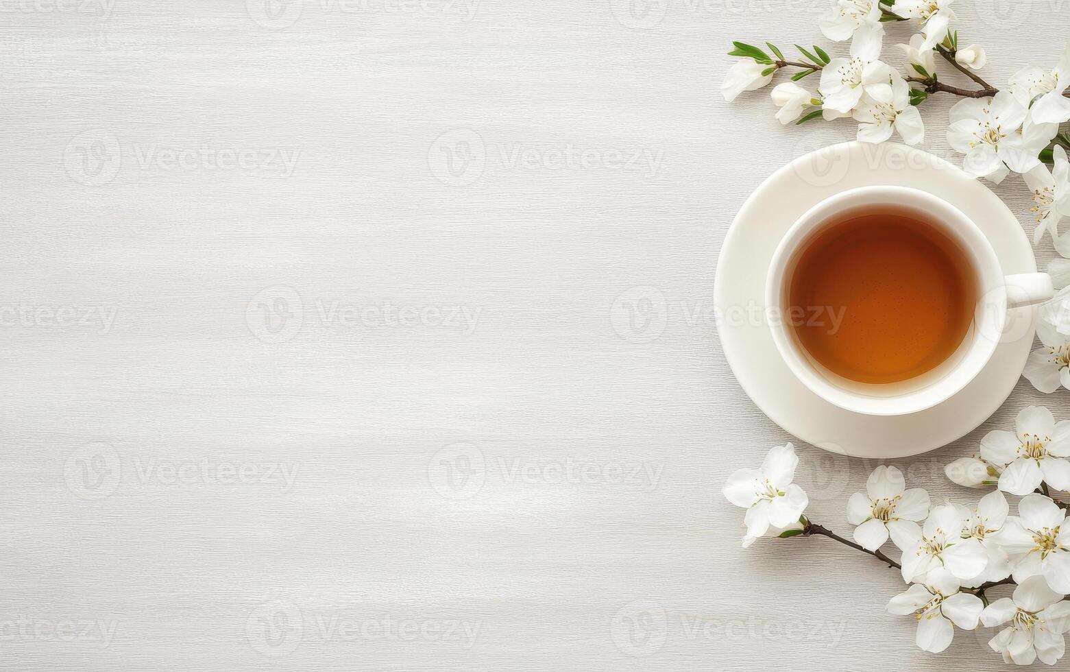 cup of aromatic tea surrounded by delicate white flowers creates serene atmosphere, perfect for relaxation and enjoyment photo
