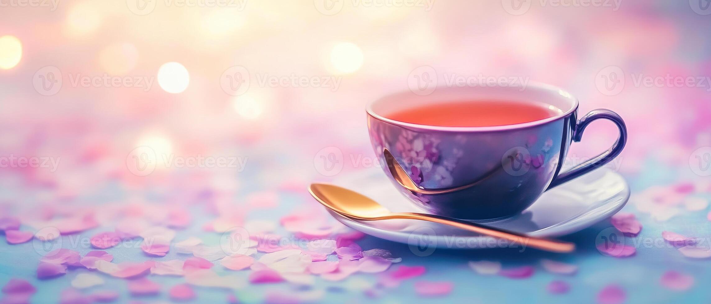 sophisticated floral tea served in delicate cup with gold spoon, surrounded by colorful petals, creates serene and inviting atmosphere photo