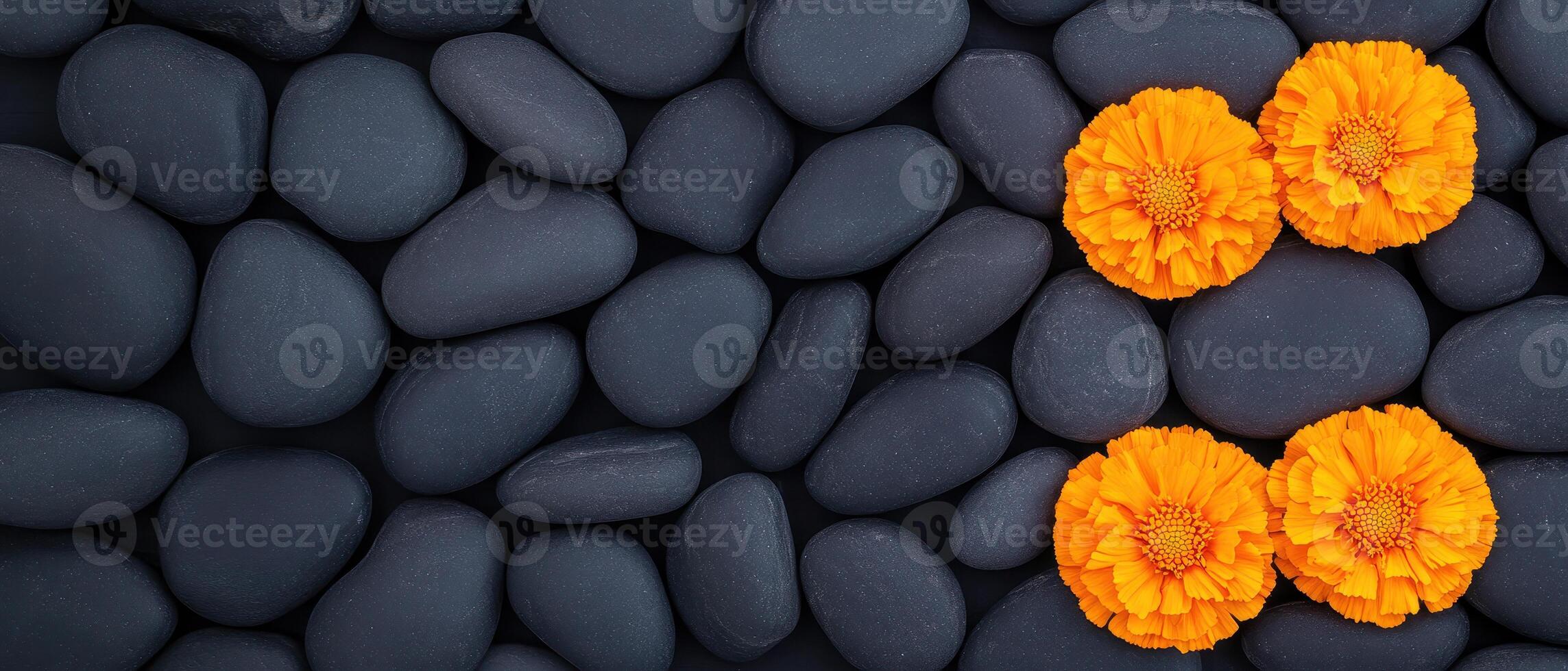 Luxurious spa ambiance with marigold flowers and smooth pebbles, creating serene and calming atmosphere for relaxation and rejuvenation photo