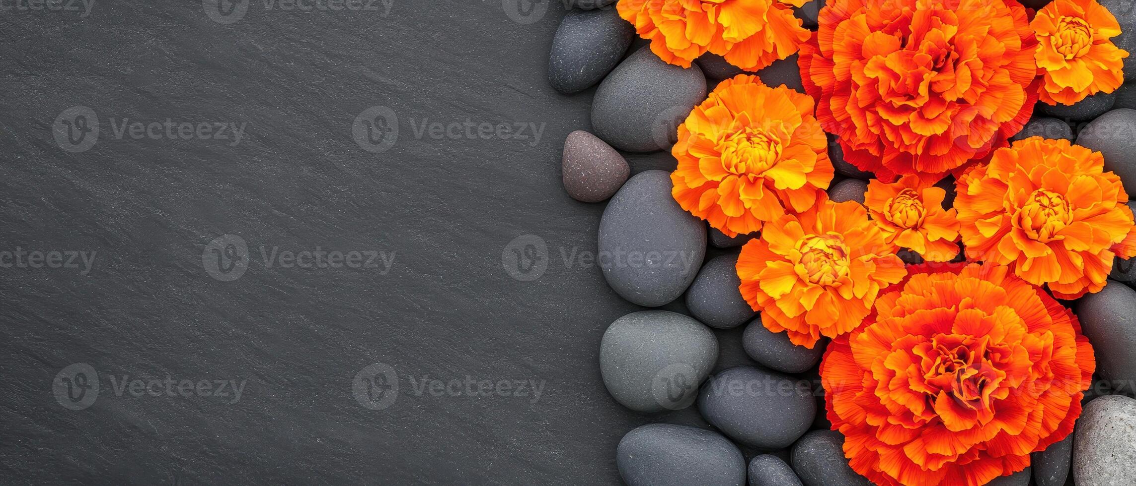 Luxurious spa ambiance with marigold flowers and smooth pebbles, creating serene and calming atmosphere. Perfect for relaxation and wellness photo
