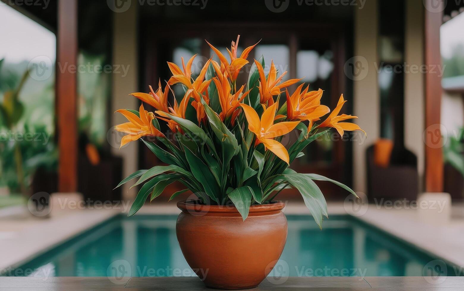vibrant floral arrangement featuring orange lilies in minimalist spa setting, creating serene and inviting atmosphere photo