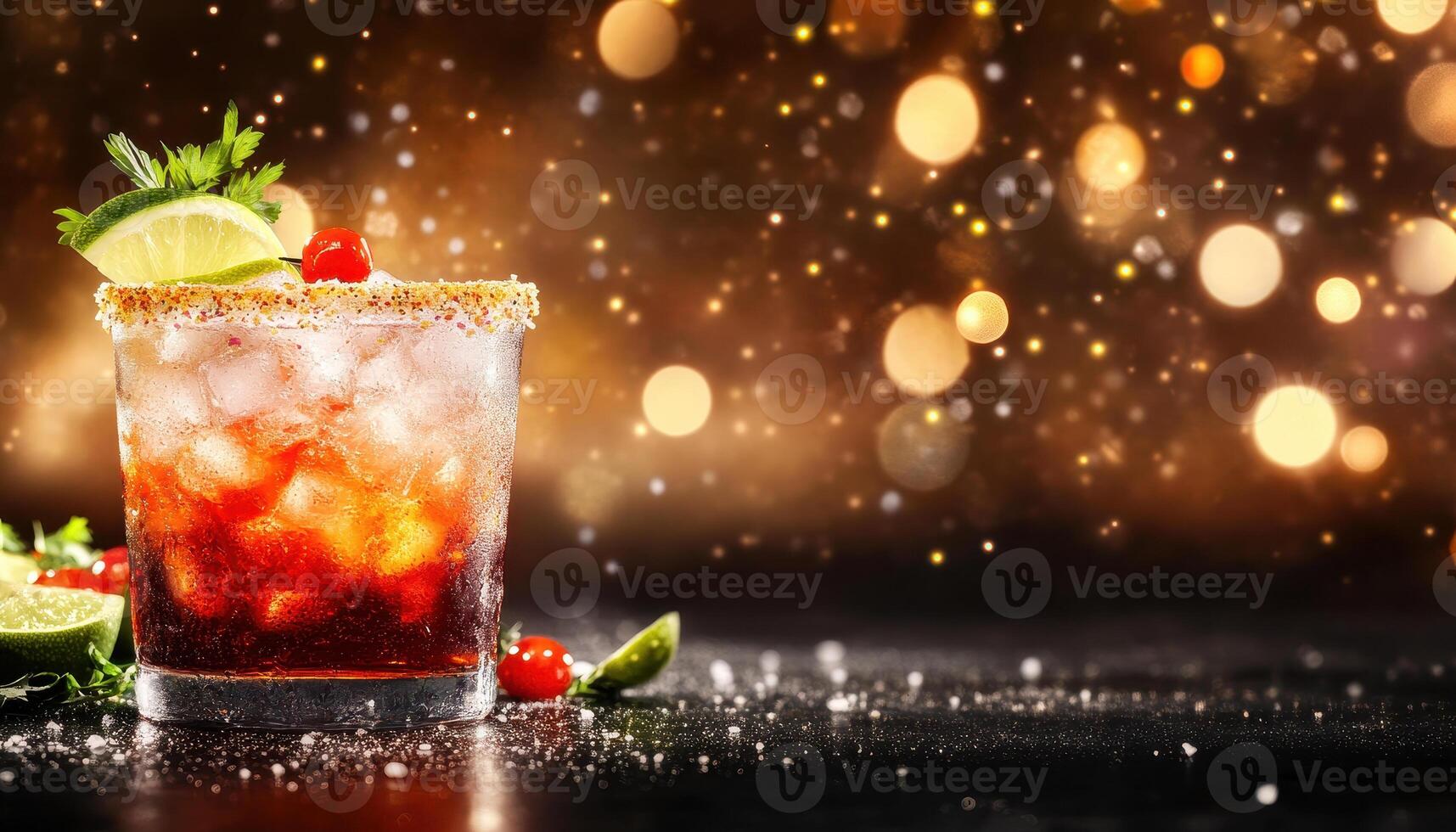 vibrant cocktail with ice, garnished with lime, cherry, and herbs, set against sparkling background. Perfect for celebrations and gatherings photo