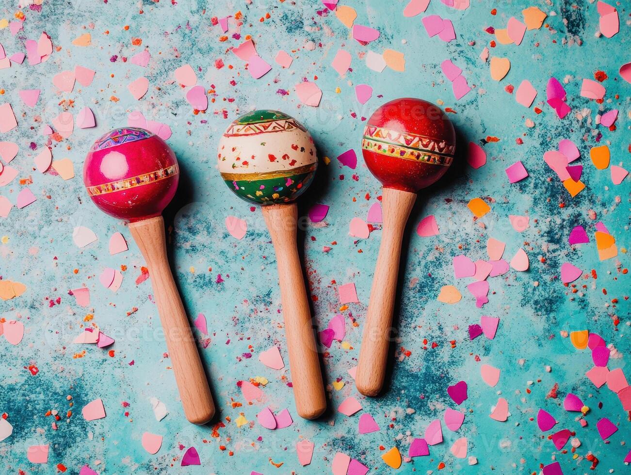 Colorful maracas on vibrant background with confetti, perfect for celebrations and festive occasions. These decorative instruments add joyful touch to any event photo