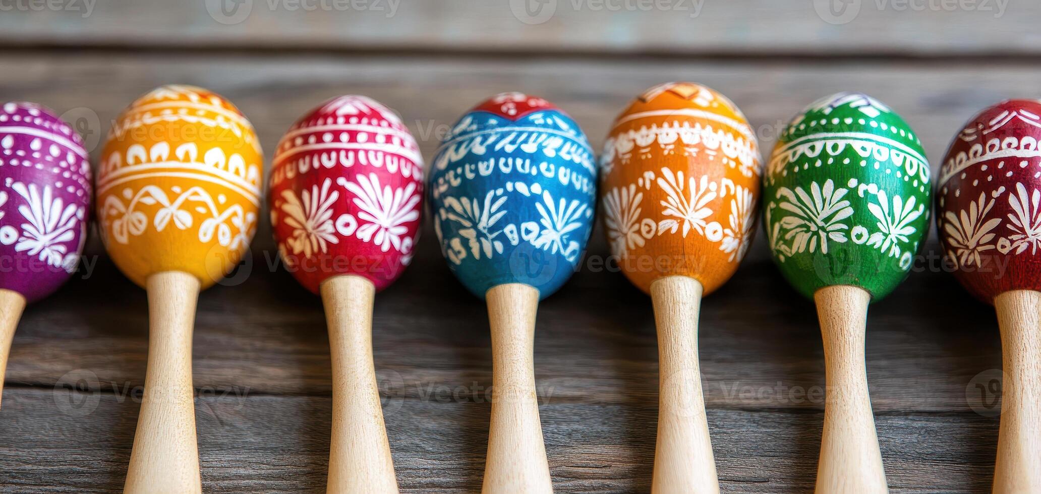 Colorful traditional maracas arranged in row on wooden surface, showcasing intricate designs and vibrant hues. These musical instruments evoke sense of joy and cultural heritage photo