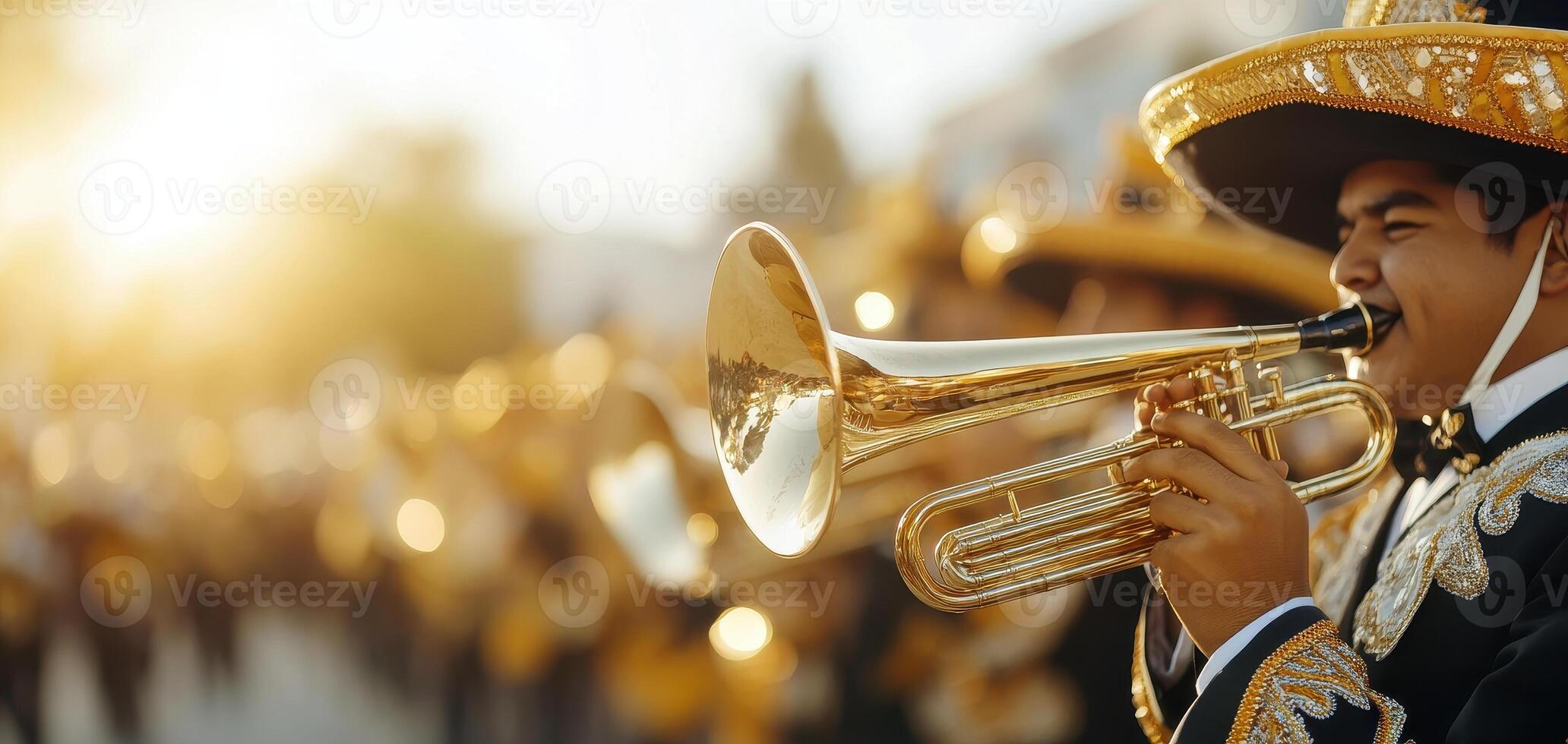 Dynamic performance of mariachi band with musicians in traditional attire, showcasing vibrant instruments and joyful expressions during lively event photo