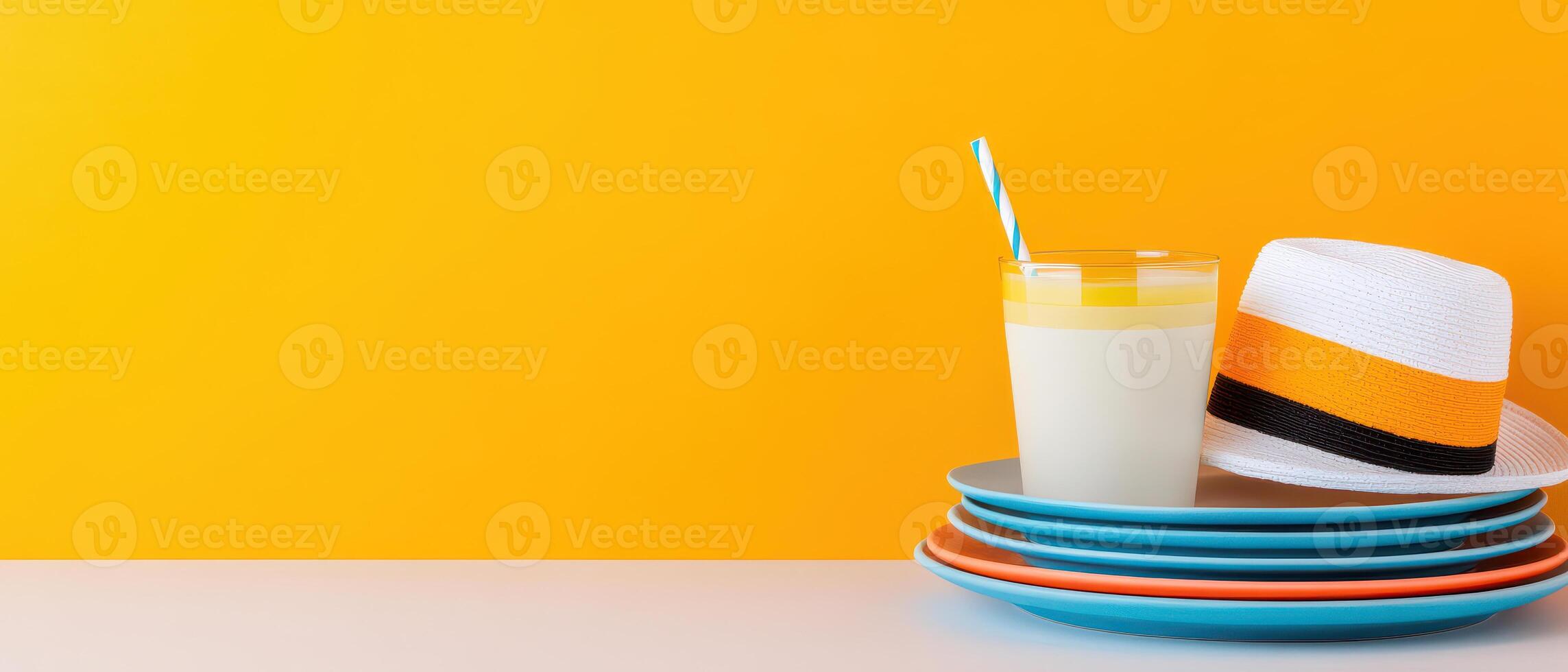 Refreshing drink with straw, summer hat, and colorful plates against vibrant yellow background. Perfect for sunny day or festive gathering photo