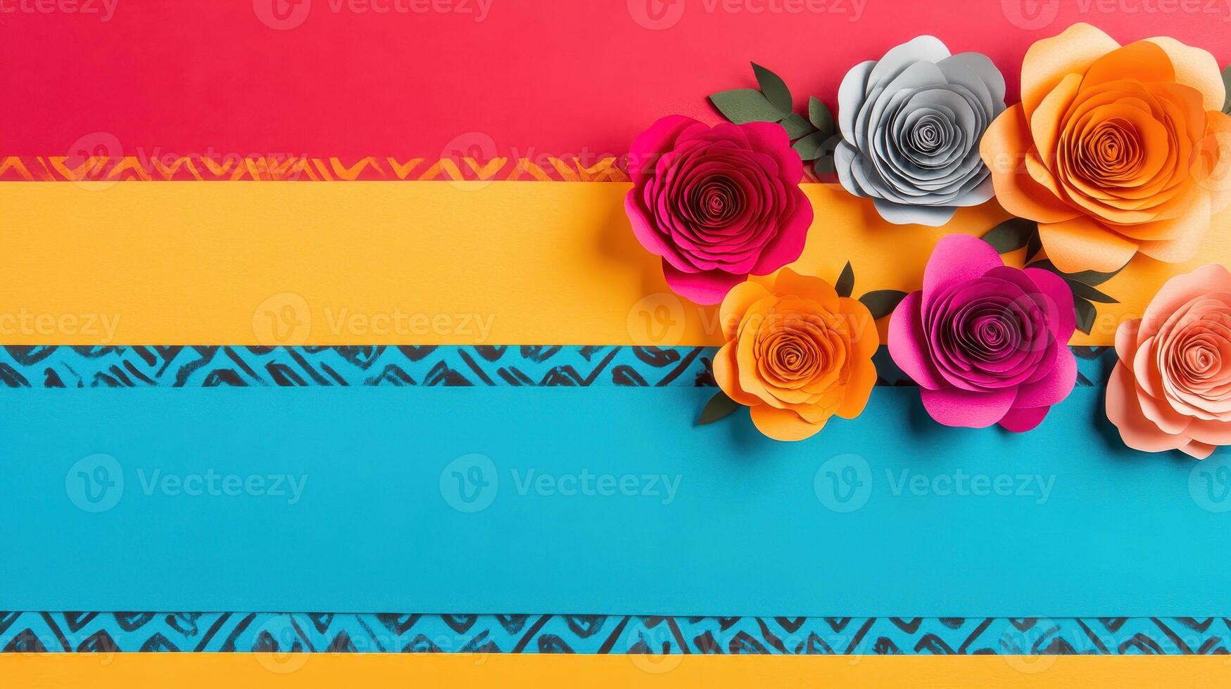 Colorful paper flowers arranged on vibrant background stripes create festive atmosphere. combination of red, yellow, blue, and patterned elements adds lively touch photo