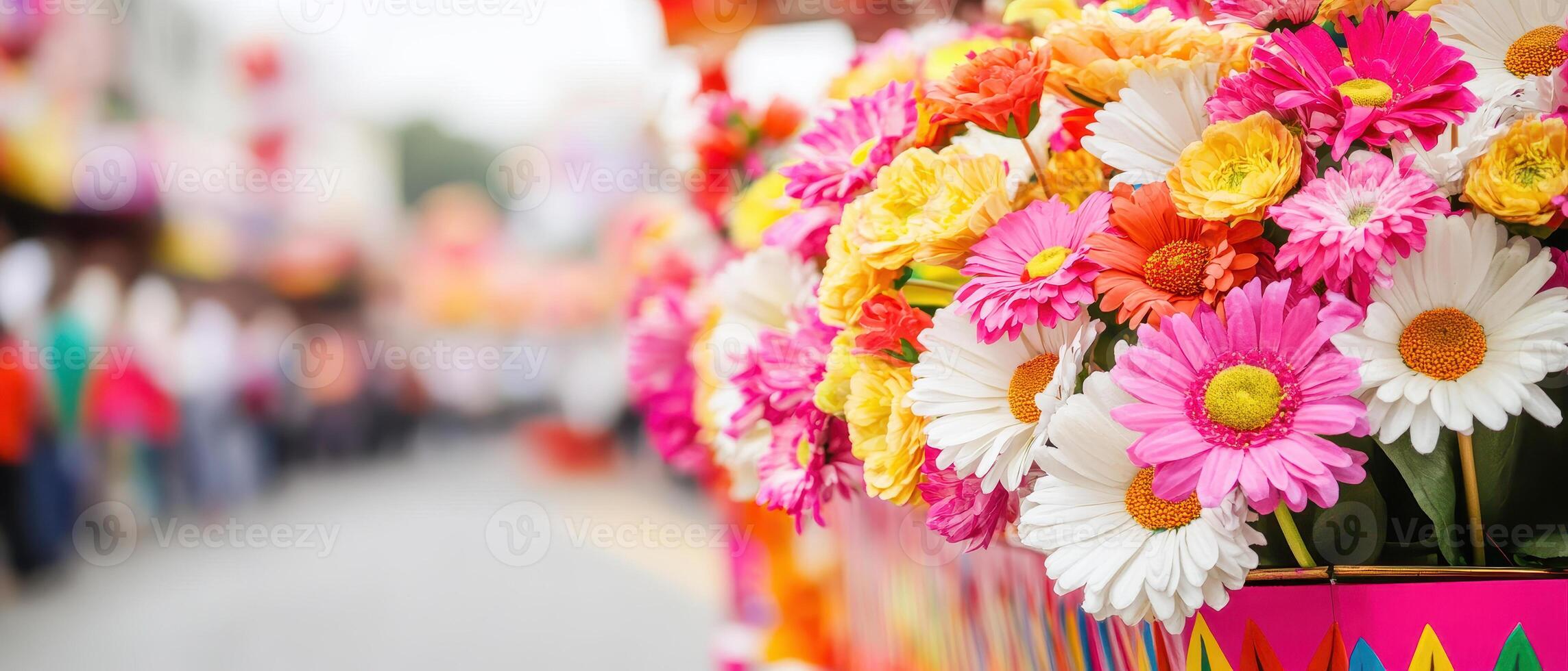 Vibrant parade float adorned with colorful flowers, showcasing festive atmosphere filled with joy and celebration photo