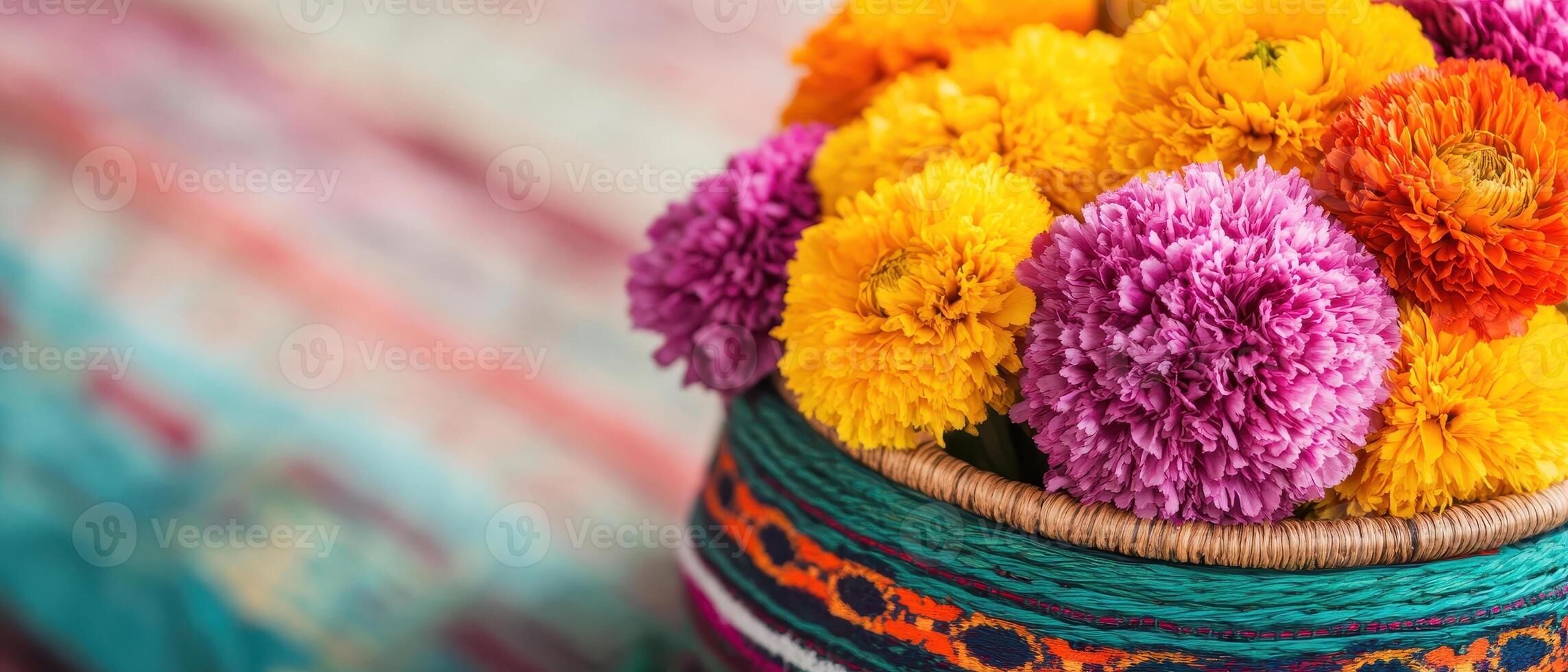 Vibrant marigold flowers in woven basket, showcasing bright colors and intricate patterns. arrangement adds cheerful touch to any setting photo