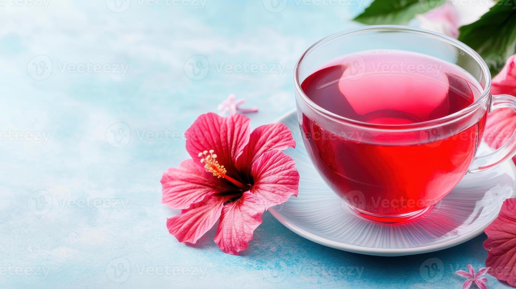 Vibrant hibiscus tea in clear cup, surrounded by pink flowers, evokes refreshing and tropical feel. Perfect for relaxation and enjoyment photo