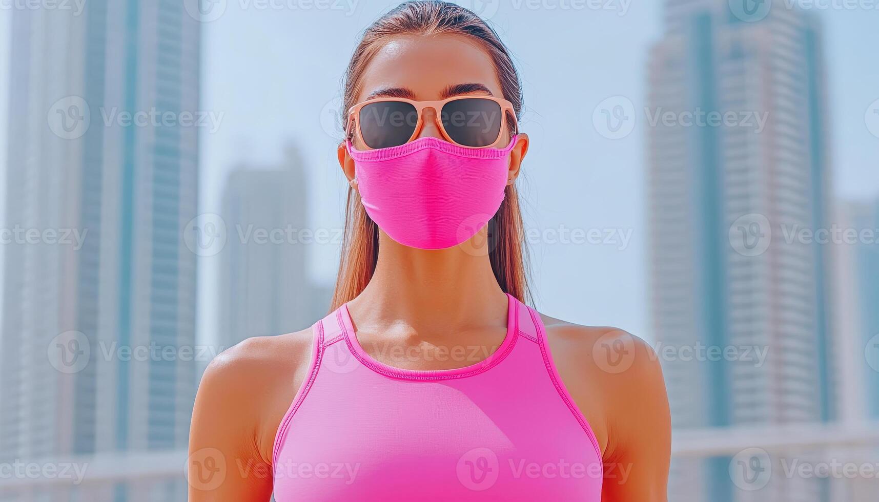 young woman wearing pink mask and sunglasses stands confidently in city. Her athletic attire and urban backdrop convey sense of health and style photo