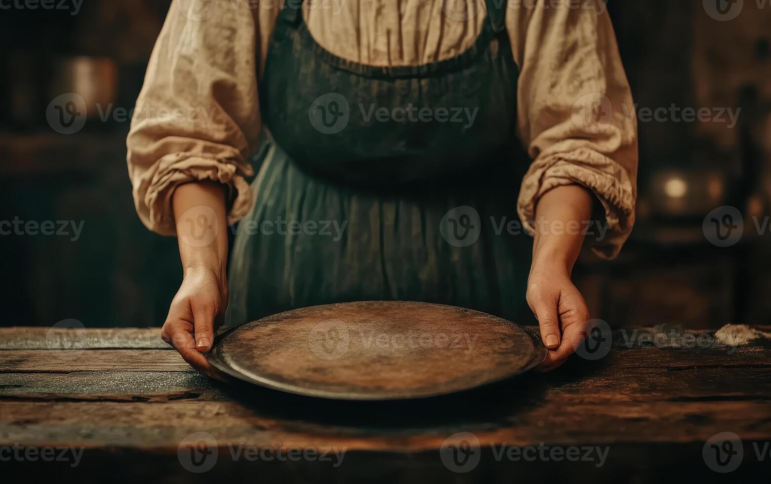 housemaid presenting polished metal plate, showcasing craftsmanship and attention to detail in rustic setting. warm tones evoke sense of history and tradition photo
