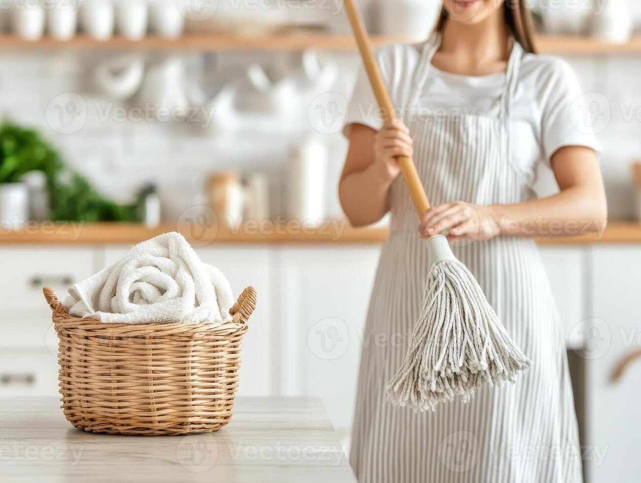 cheerful maid mops shiny wooden floor while wearing striped apron, surrounded by clean kitchen. Fresh towels are neatly arranged in basket nearby, creating warm and inviting atmosphere photo