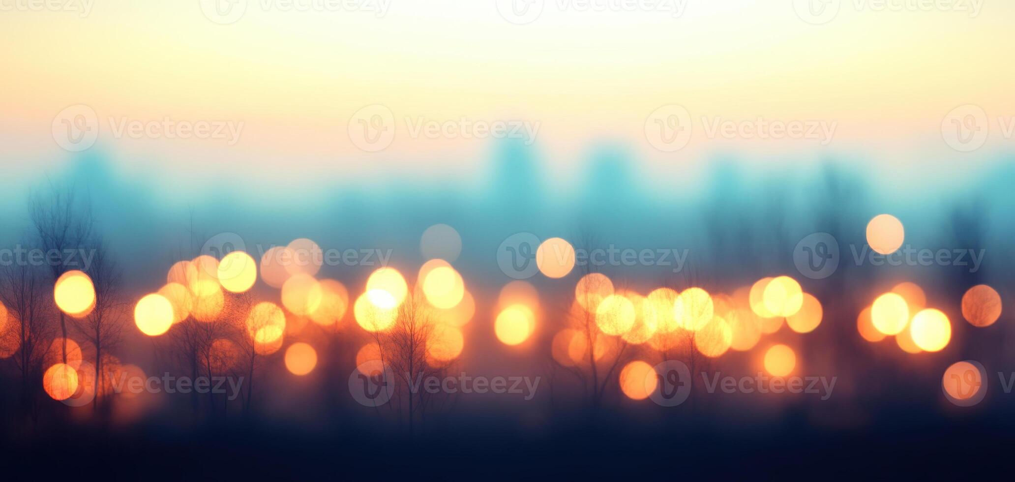 Blurry city lights glowing through layers of pollution at dusk create dreamy atmosphere. soft bokeh effect enhances serene beauty of urban landscape photo