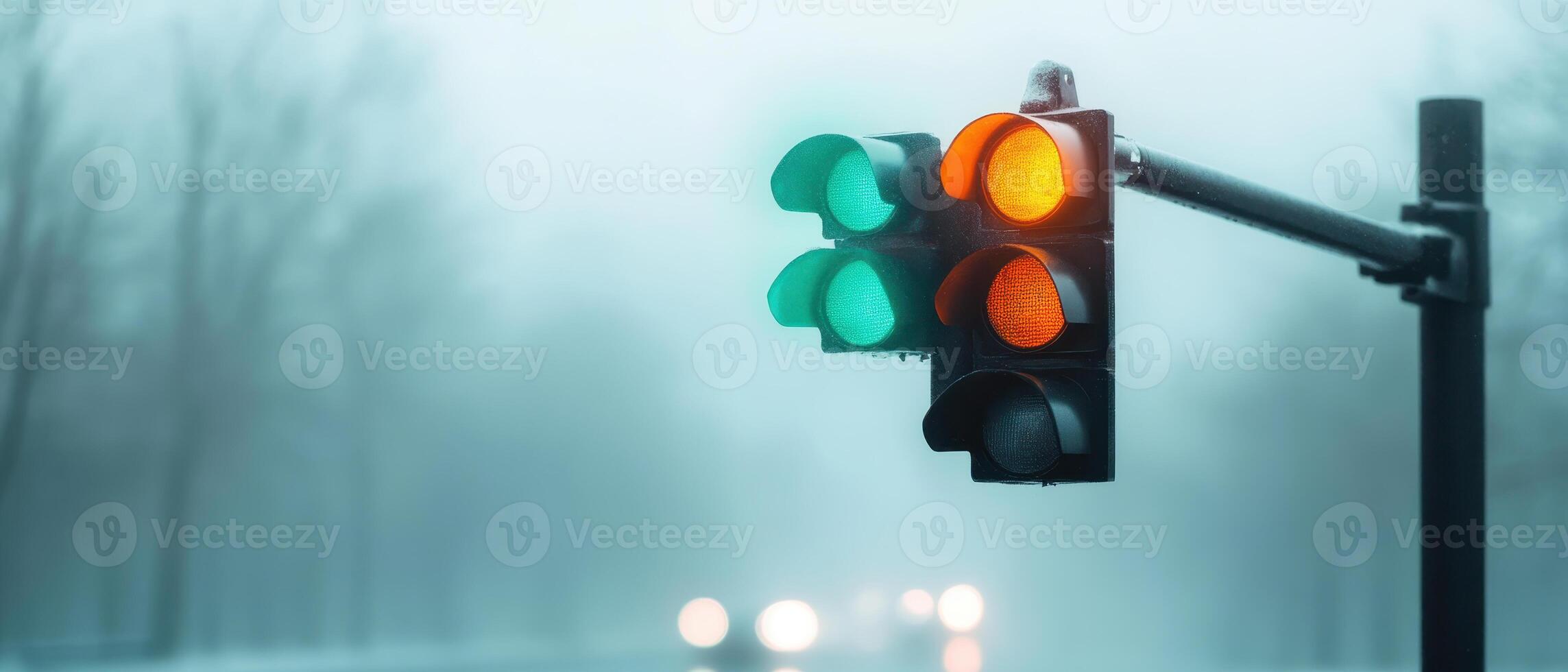 Traffic lights glowing faintly in foggy weather, creating mysterious atmosphere on deserted road. green and orange lights stand out against haze photo