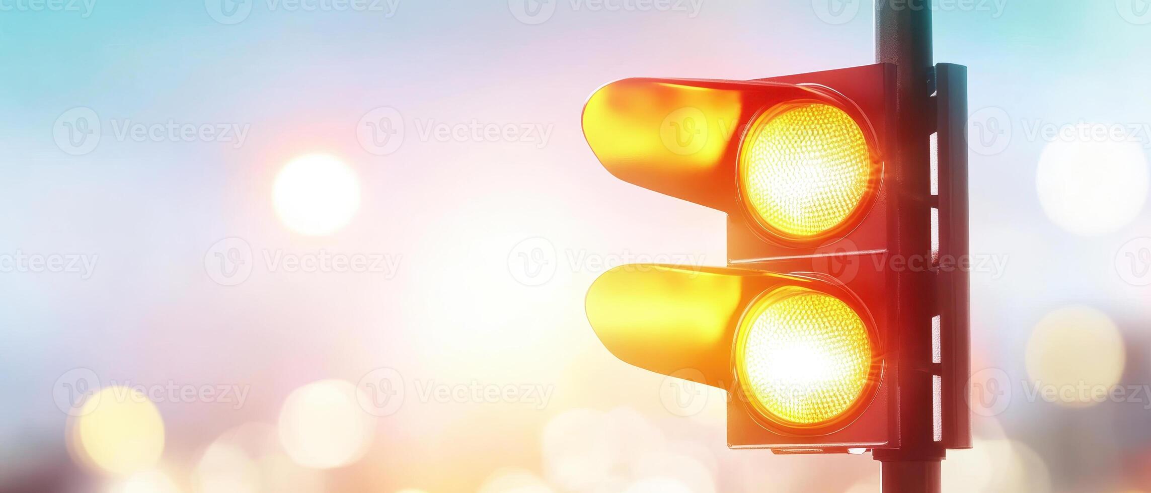 Traffic lights glowing faintly in polluted urban environment, creating moody atmosphere. warm yellow light contrasts with cool background, evoking sense of caution and reflection photo