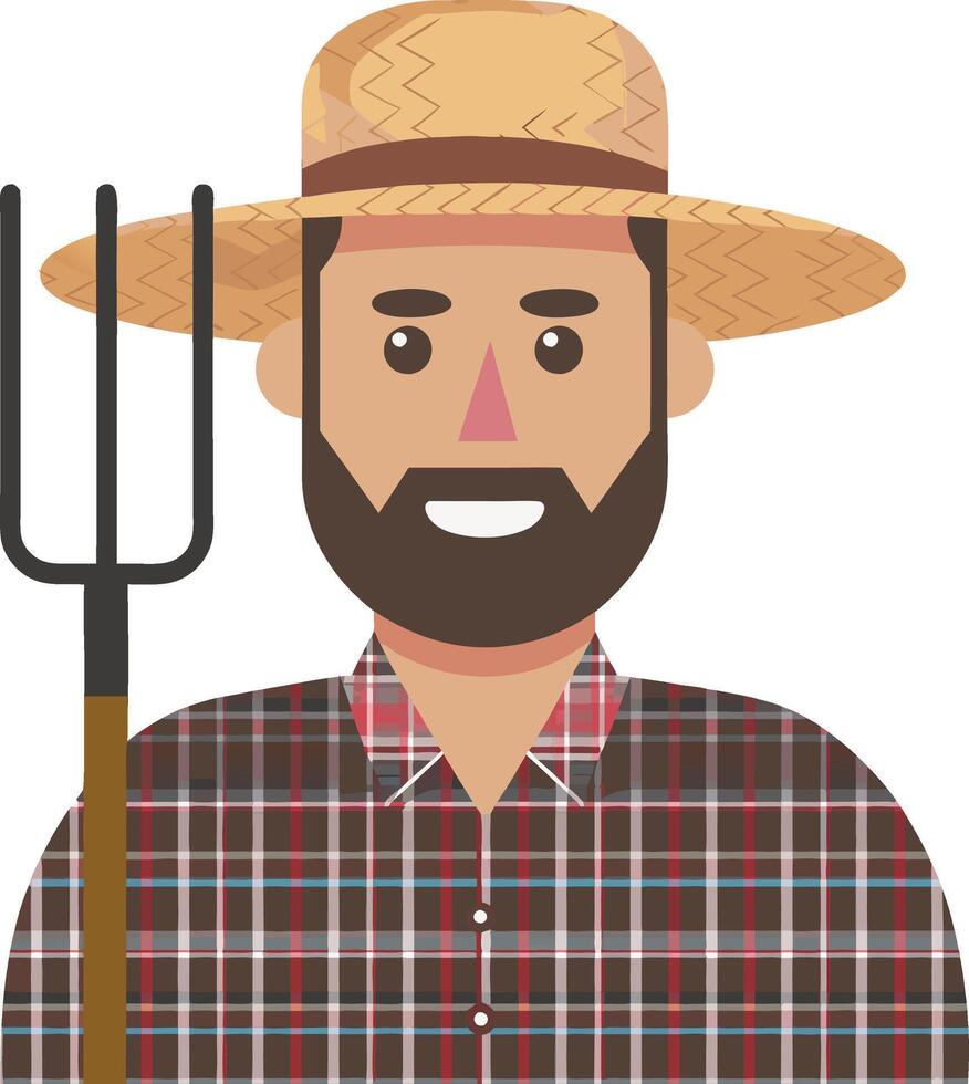Bearded Farmer with Pitchfork in Straw Hat Illustration vector