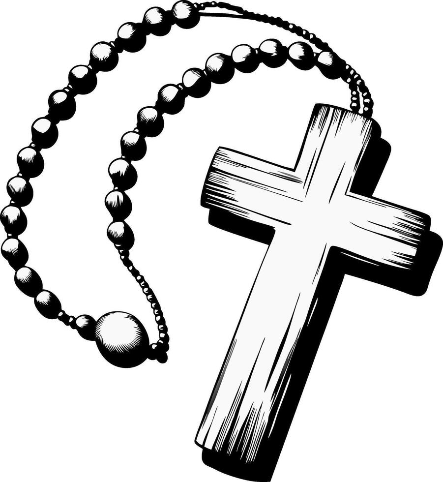 Black and White Rosary Beads with Wooden Cross Illustration for Religious Design vector