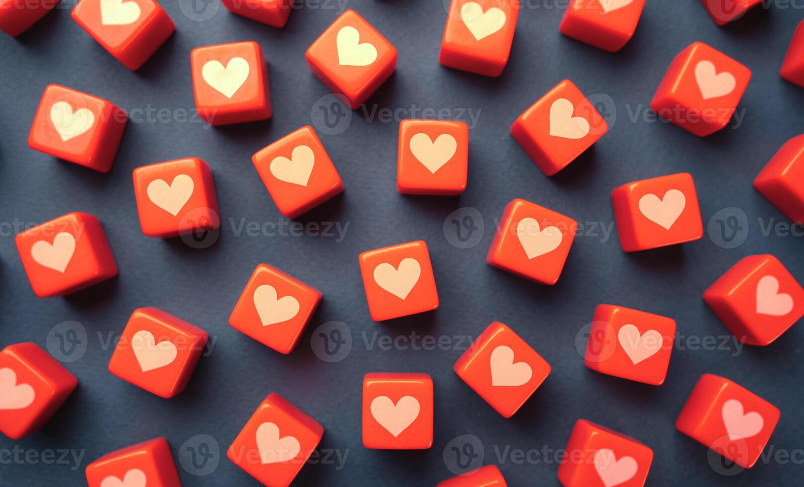 Hearts on scattered blocks. Likes on social media. Love and relationships. Choosing your favorites. photo