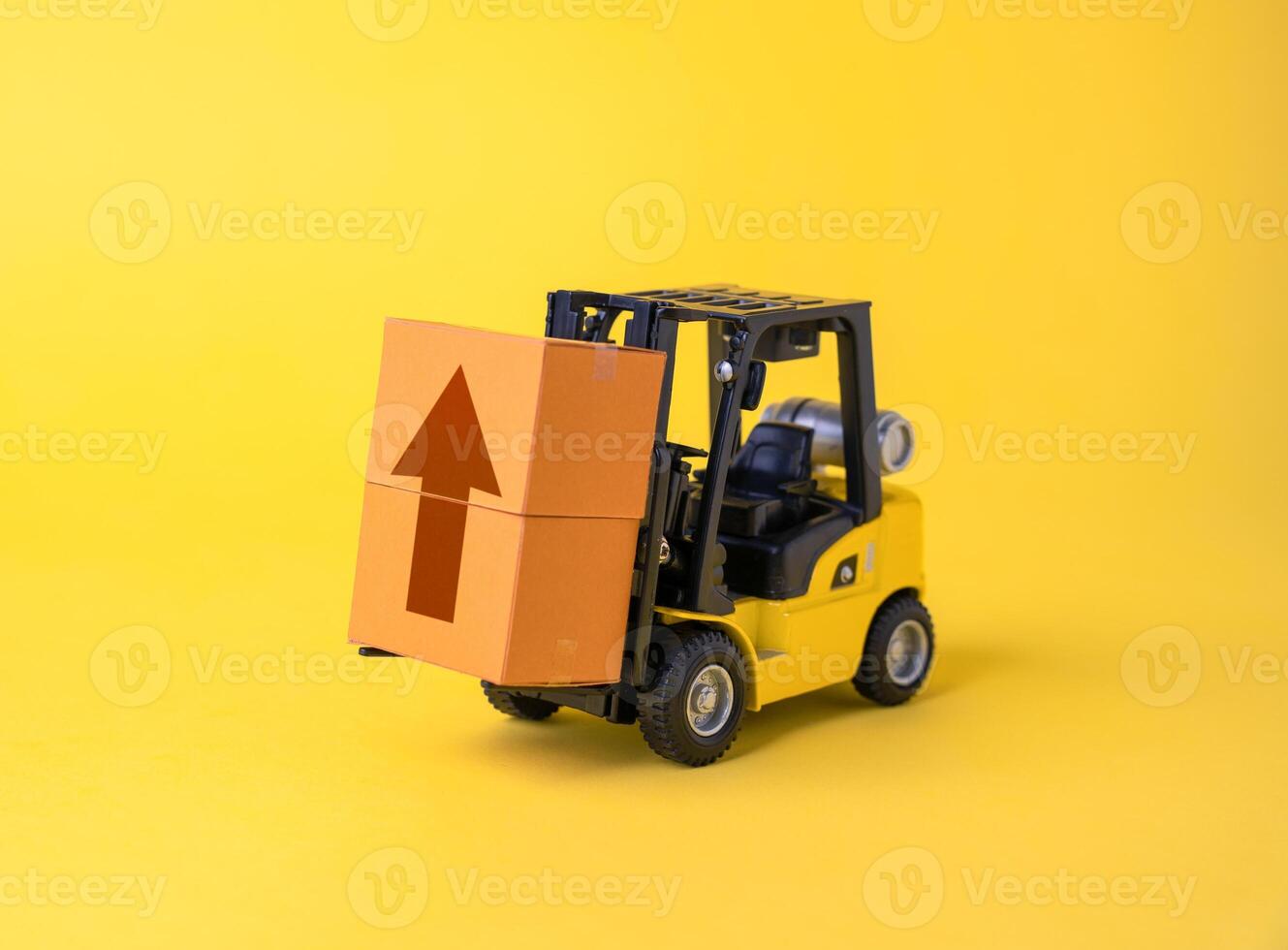 Forklift with boxes and up arrow. Logistics and product distribution. Increase in freight traffic. Shipment of goods. Warehousing photo