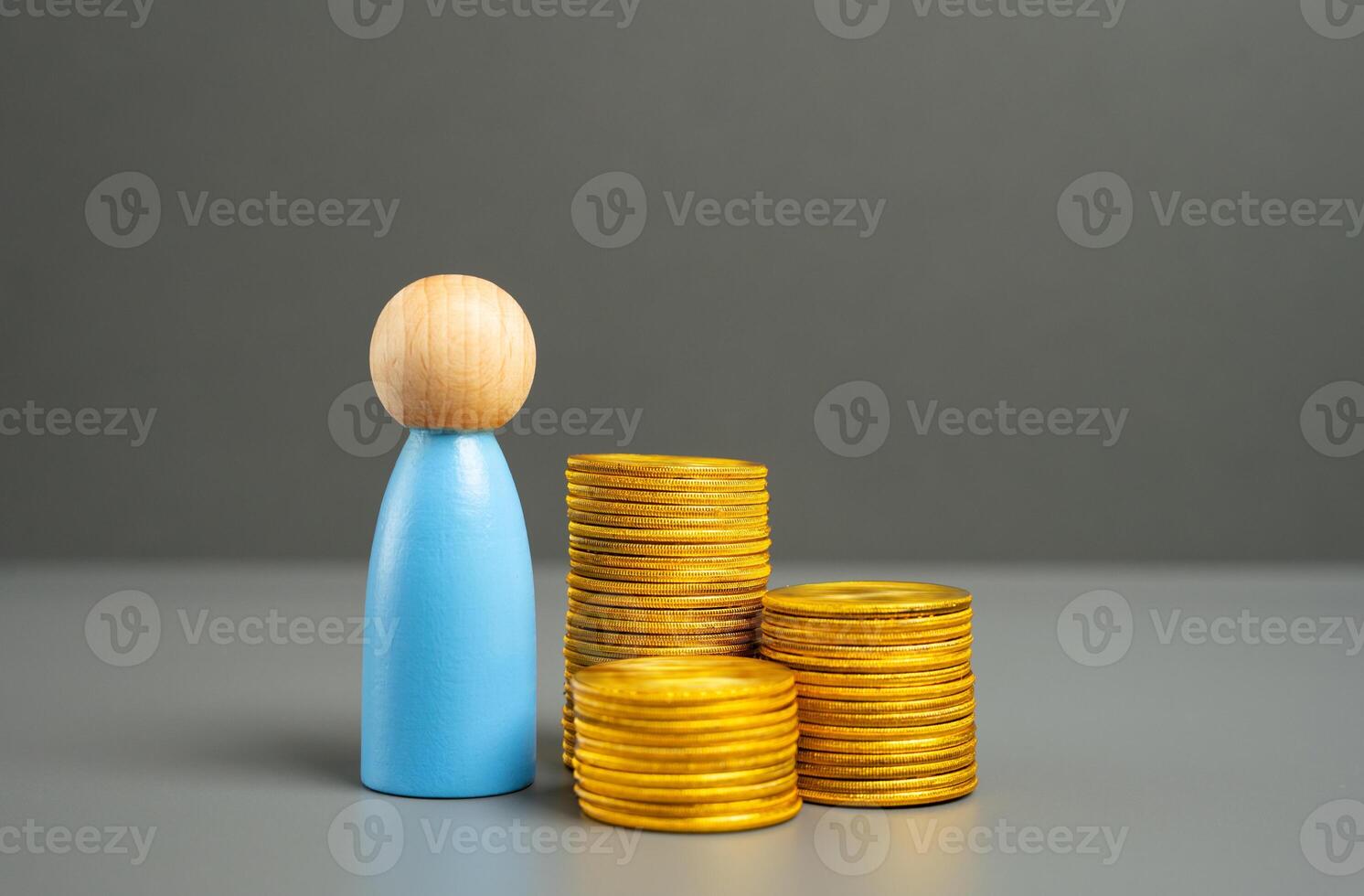 Man and money coins. Wealth and prosperity. Savings and capital. Purchasing power. Investments. Financial literacy, asset and resource management. Employee salary. Climb your earnings levels. photo