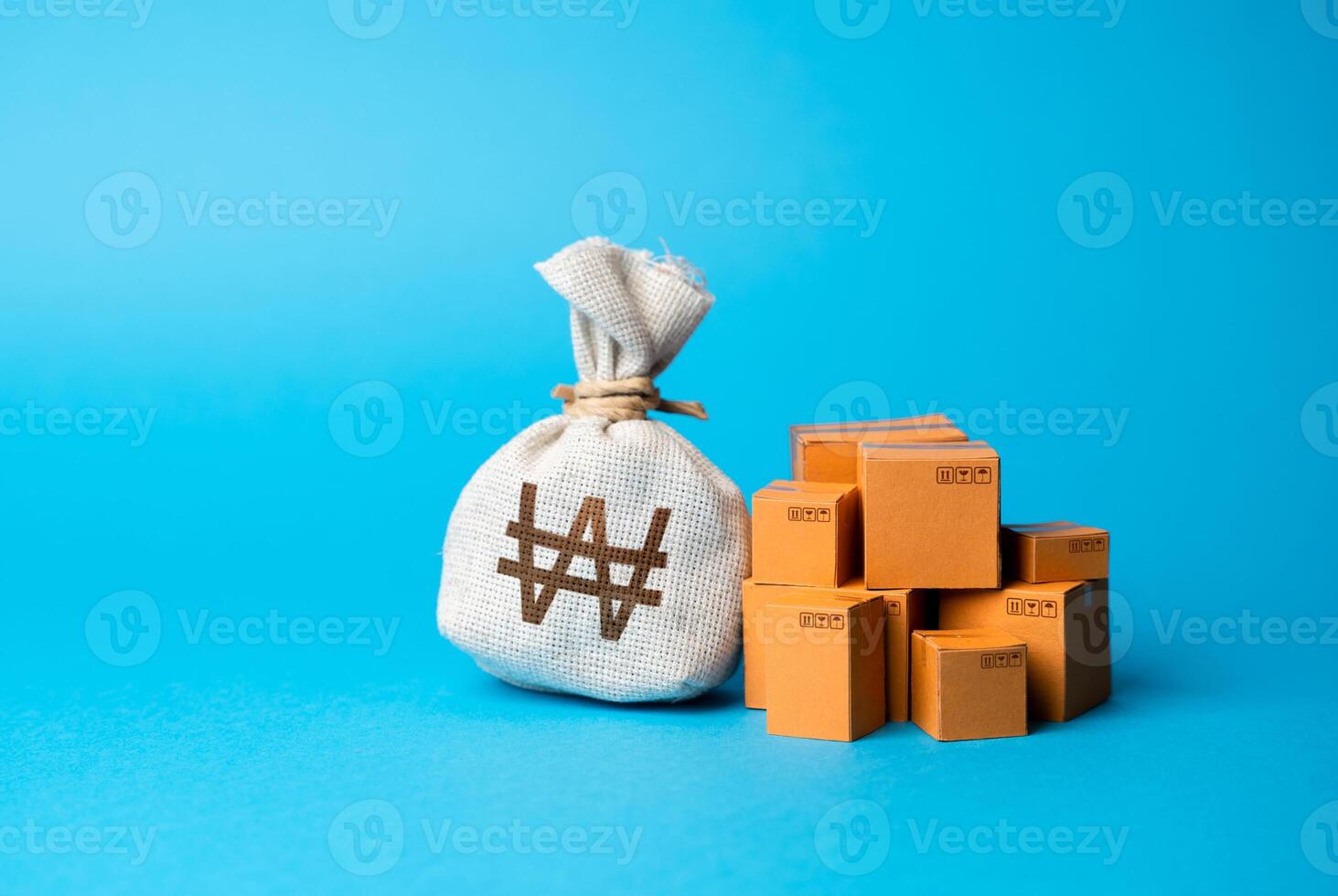 Boxes of goods and south korean won money bag. Trade deal. Import and export. Budget purchases, large purchase orders. Profit from sales and production of goods, economic growth. photo