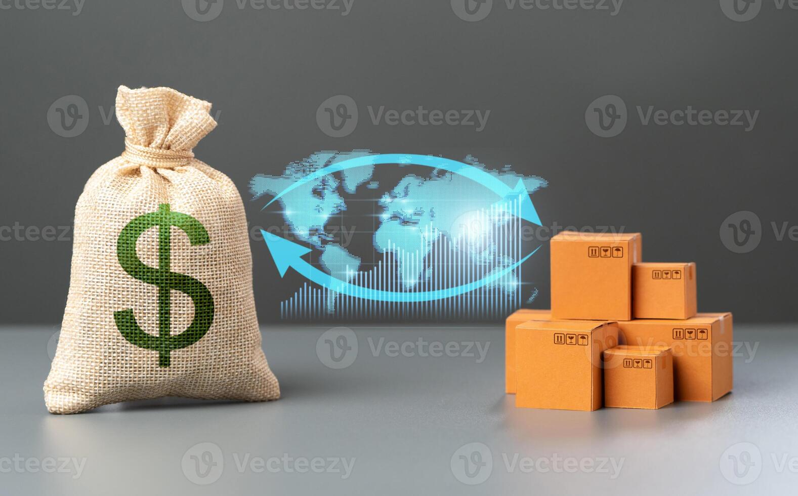 World trade in goods and products. Dollar and boxes with arrows and world map. Prices. Increase in supplies and production rates. Global Business and Economics photo
