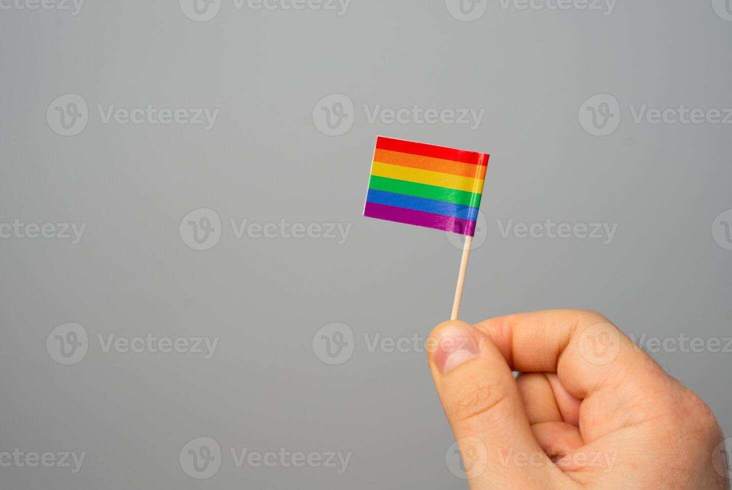 Hand holding a small LGBT rainbow flag. Diversity and inclusiveness of society, sexual minorities and LGBT. Protection of human rights and freedoms. Development of society photo