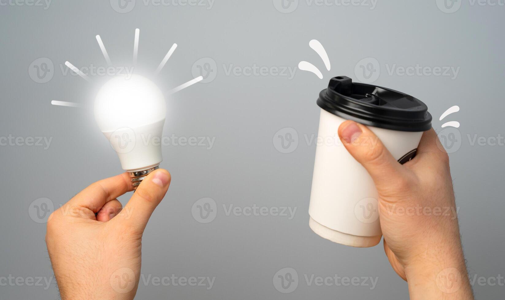 Glowing light bulb and paper coffee cup. Concept of an idea. Take a break and get inspired for a new idea. Talent for coming up with new things and innovative approaches. Creativity and inspiration. photo
